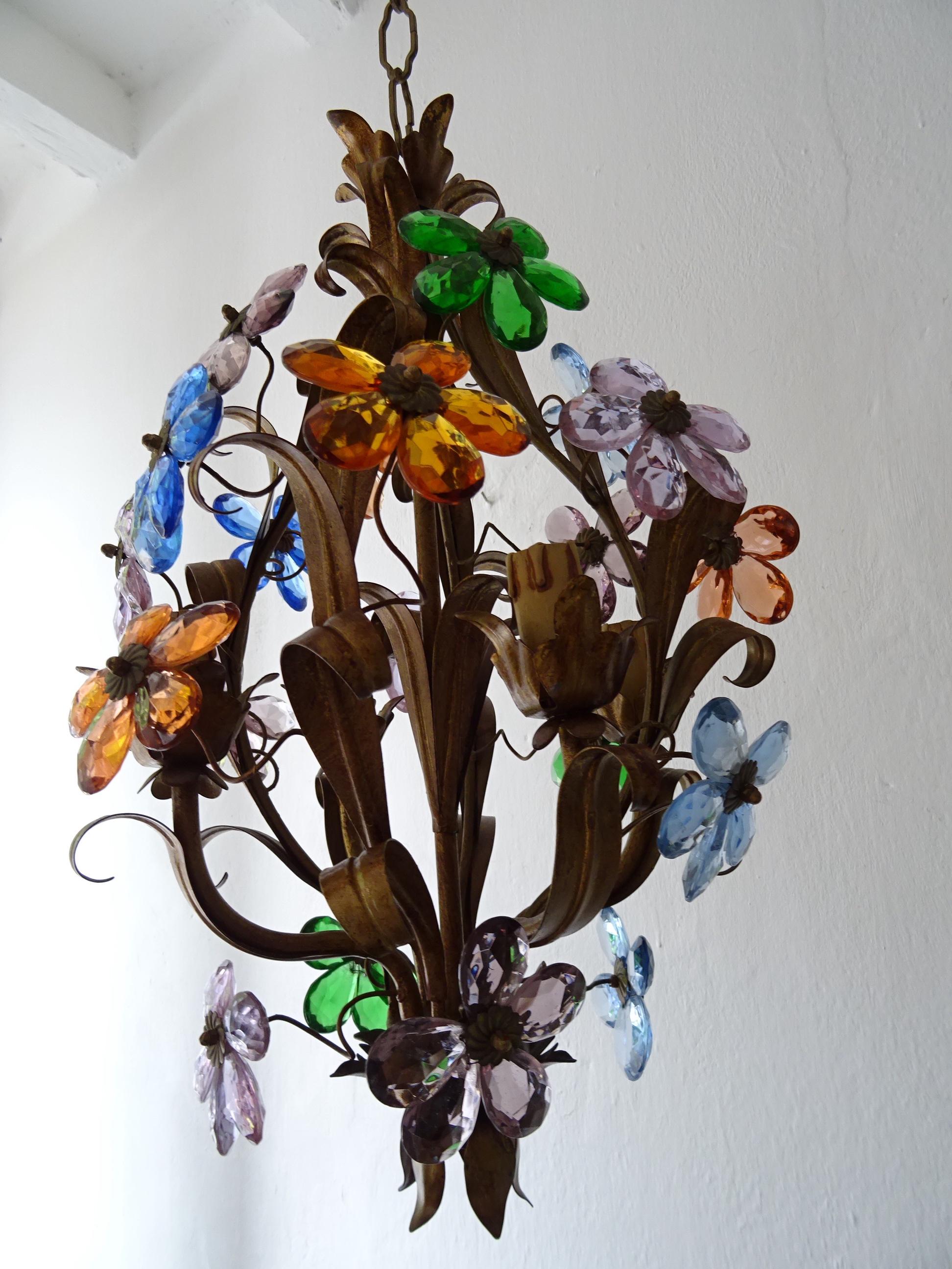 Wonderful 4 lights, rare prism flower chandelier will be newly rewired with certified US UL socket for the USA and appropriate socket for all other countries and ready to hang. Many colourful crystal prisms, made into flowers, all intact. Blue,