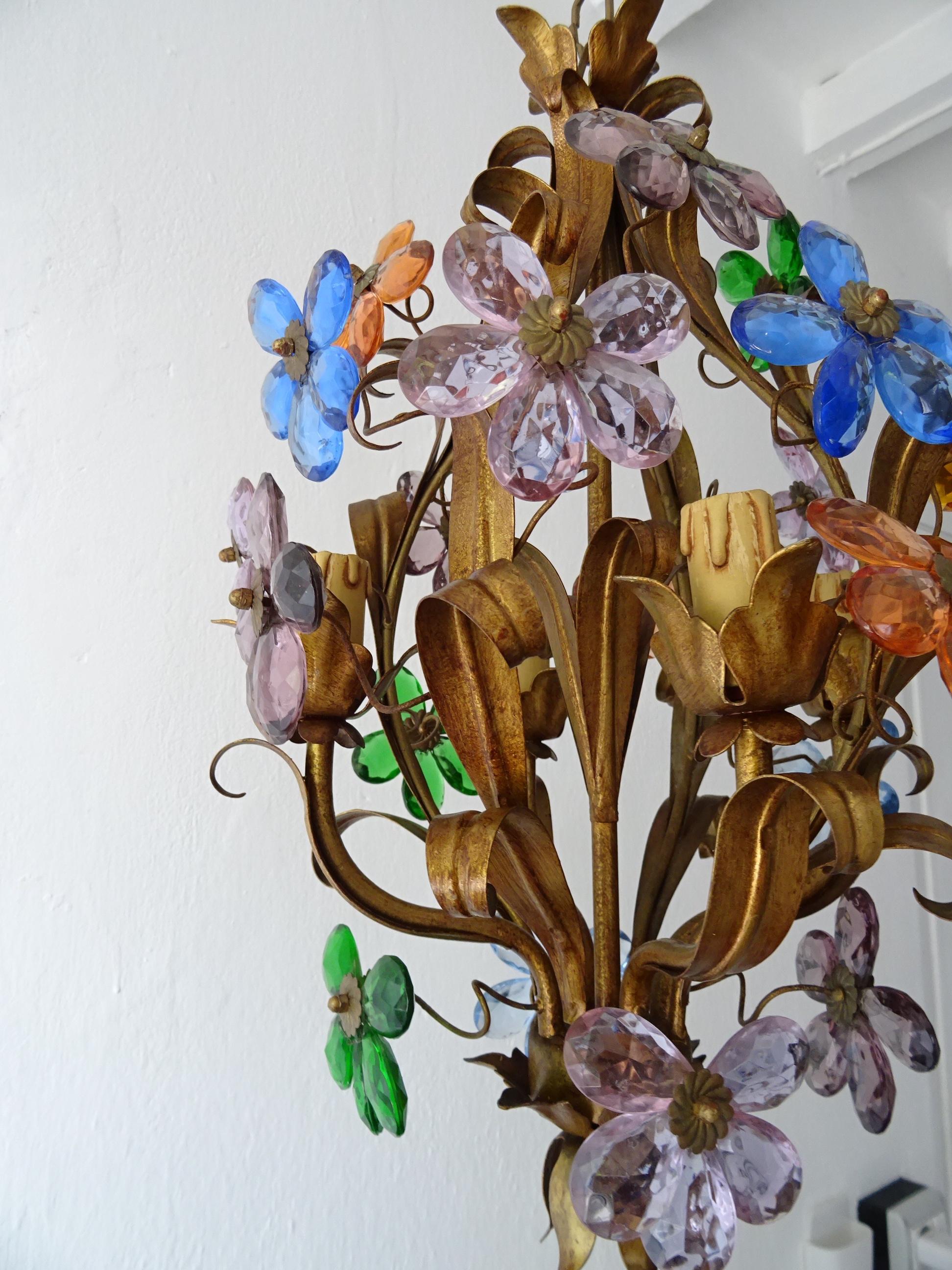 Early 20th Century  French Colourful  Flowers Crystal Prisms Maison Baguès Style Tole Chandelier For Sale