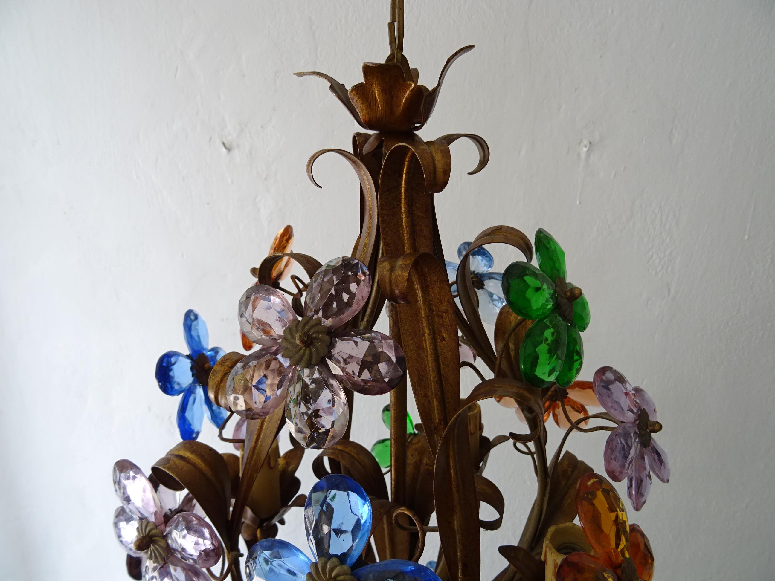  French Colourful  Flowers Crystal Prisms Maison Baguès Style Tole Chandelier For Sale 2