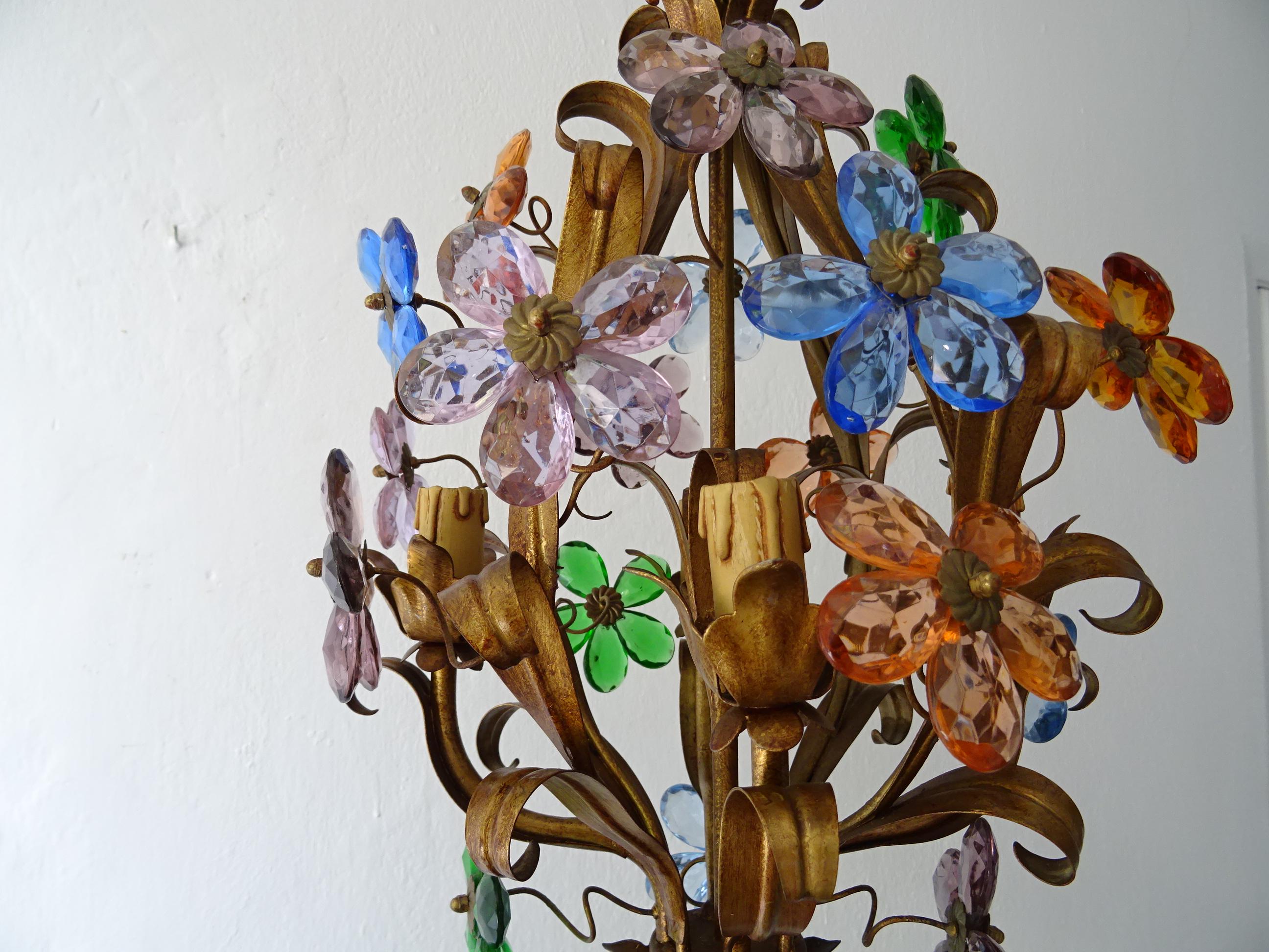  French Colourful  Flowers Crystal Prisms Maison Baguès Style Tole Chandelier For Sale 3