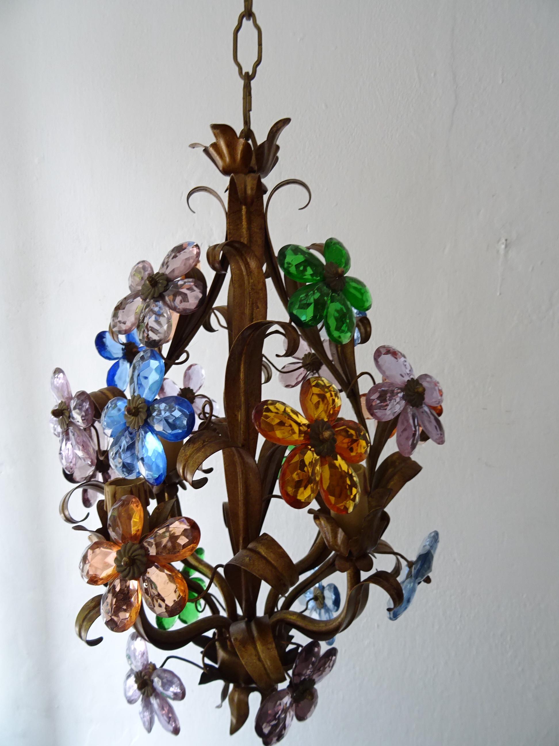  French Colourful  Flowers Crystal Prisms Maison Baguès Style Tole Chandelier For Sale 5