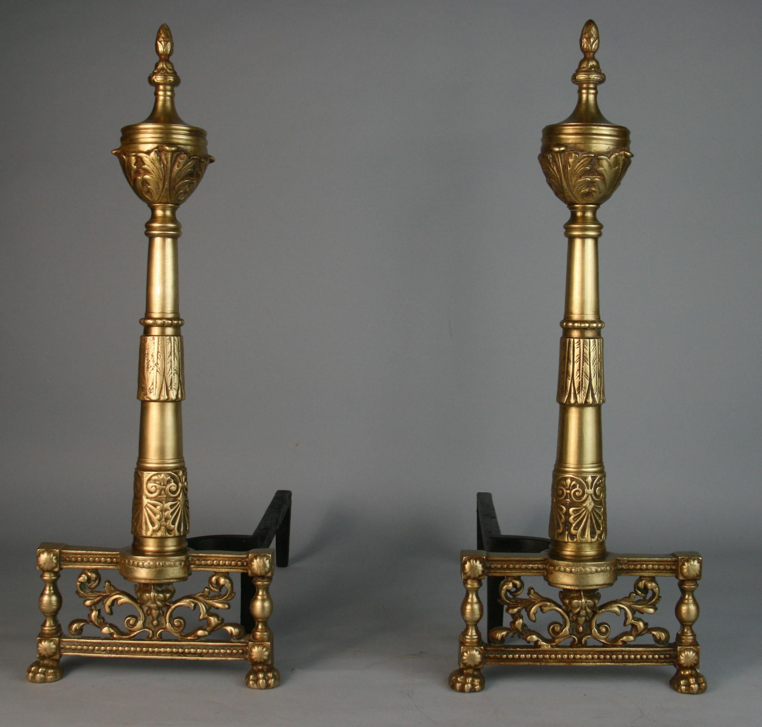 1382 Pair French urn top andirons with claw feet and elaborate detailing.