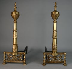 Antique French Column Brass Andirons with Urn Tops, 1920's
