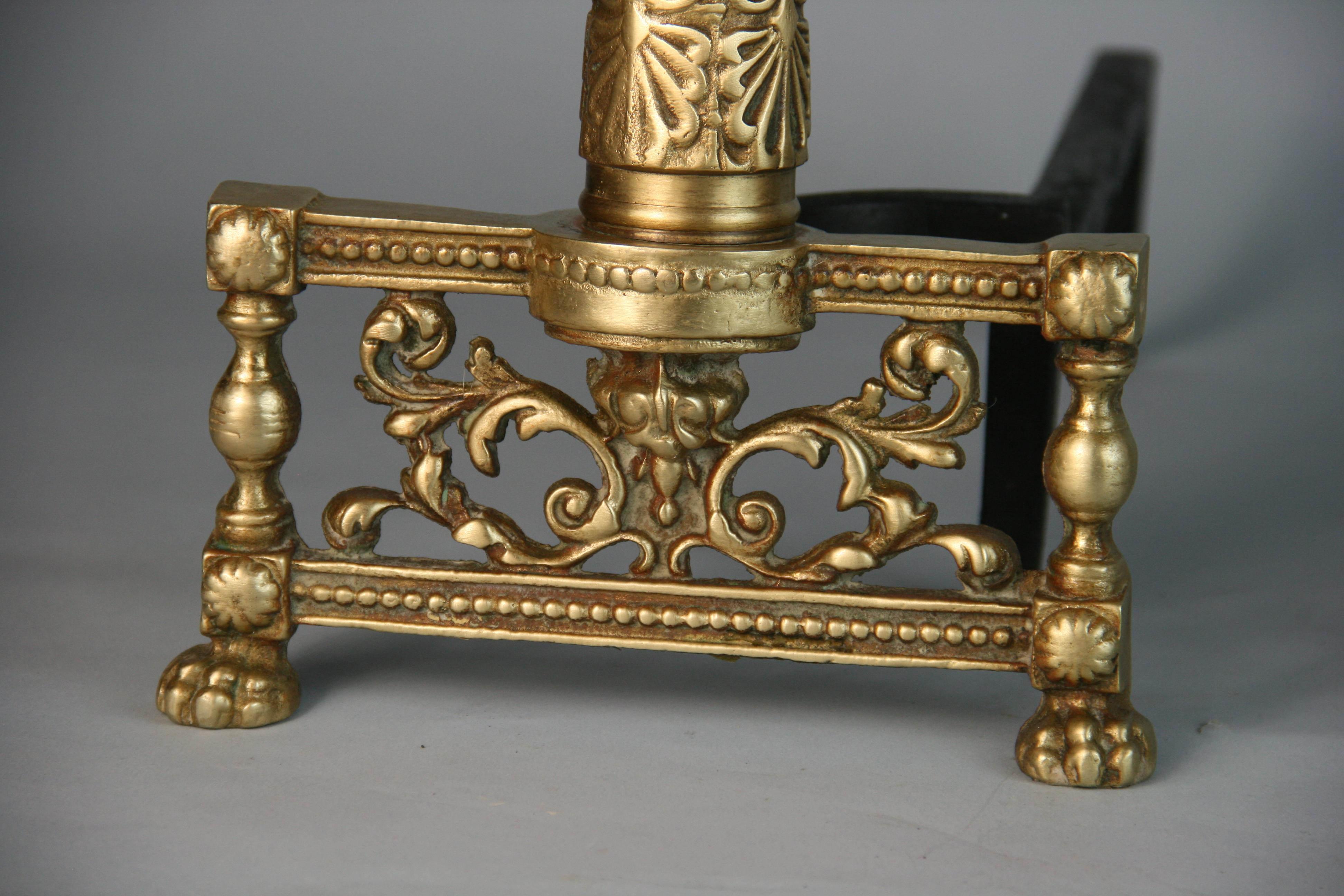 Antique French Column Brass Andirons with Urn Tops, 1920's For Sale 2