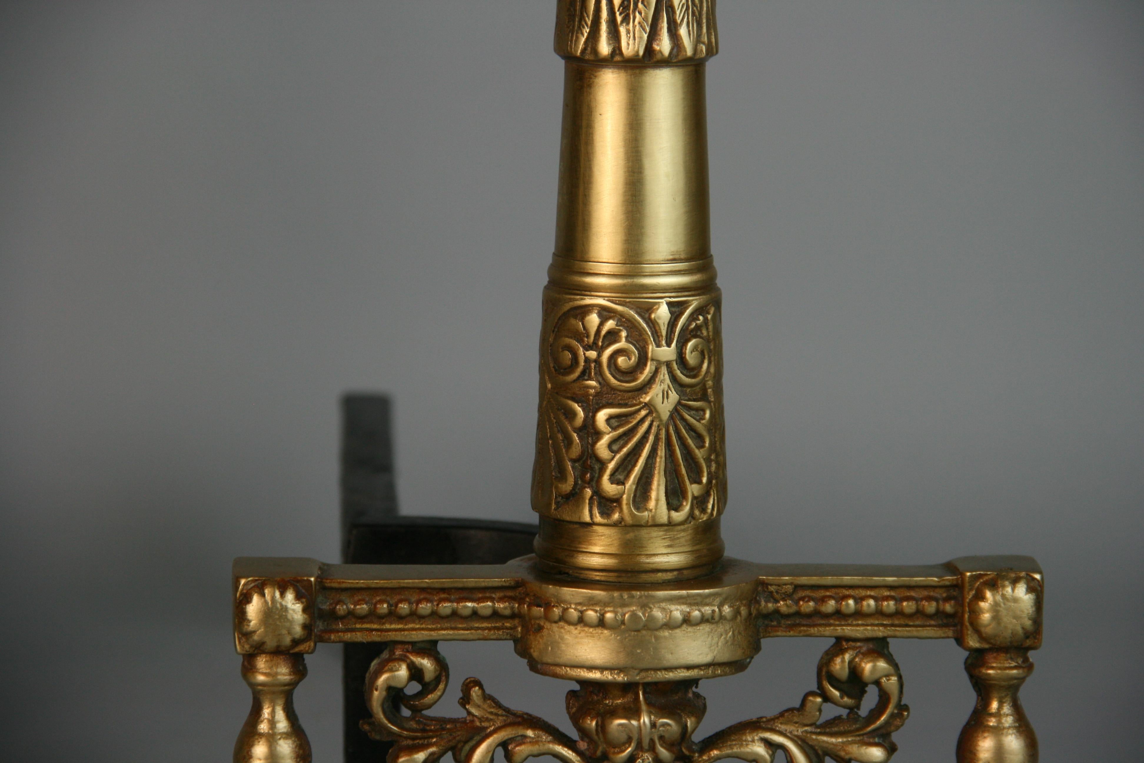 Antique French Column Brass Andirons with Urn Tops, 1920's For Sale 3