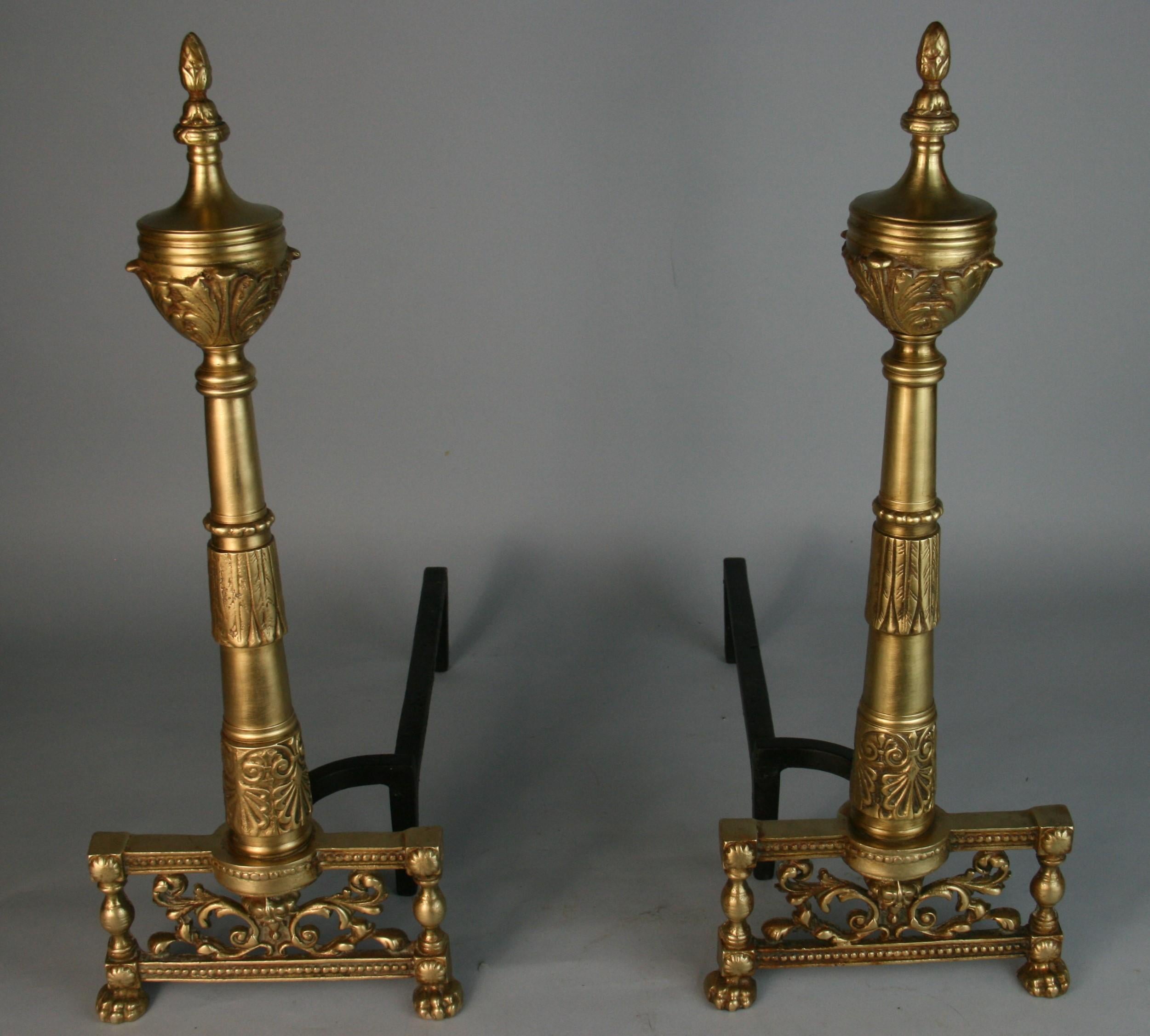 Antique French Column Brass Andirons with Urn Tops, 1920's For Sale 4