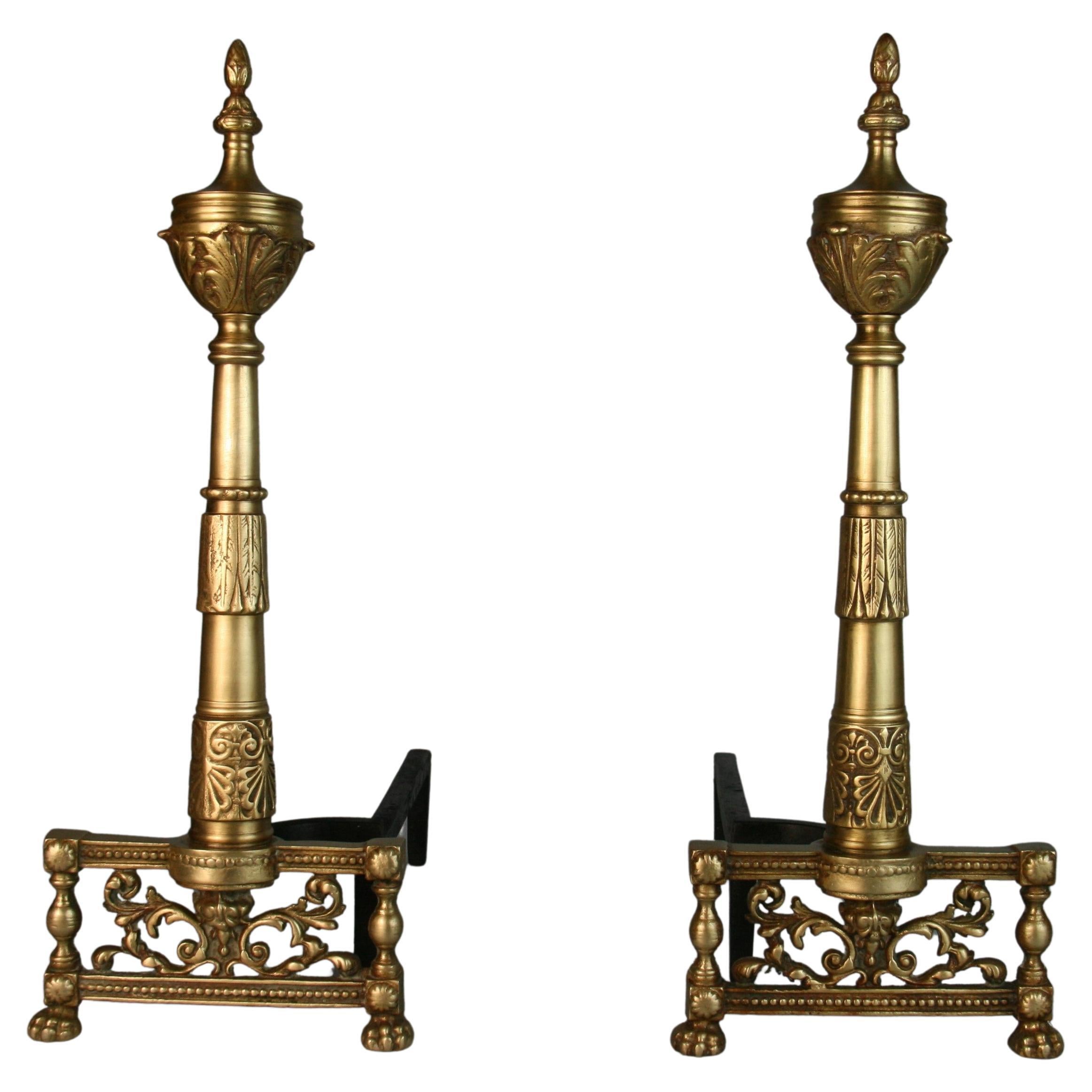 Antique French Column Brass Andirons with Urn Tops, 1920's