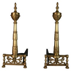 Antique French Column Brass Andirons with Urn Tops, 1920's