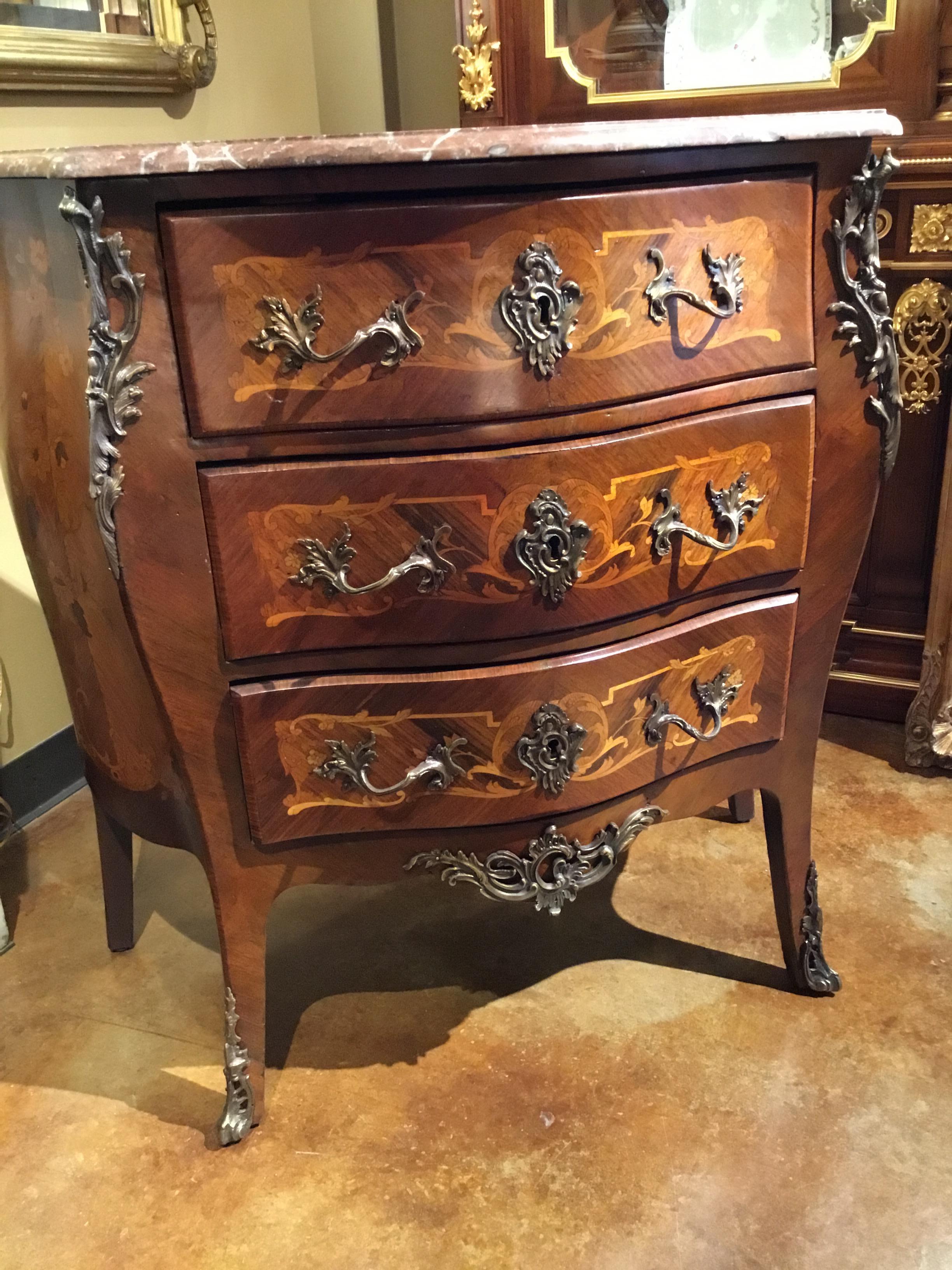 French Commode/ Chest Bombe’ Form with Marquetry Inlay and Bronze Mounts 19th C For Sale 3
