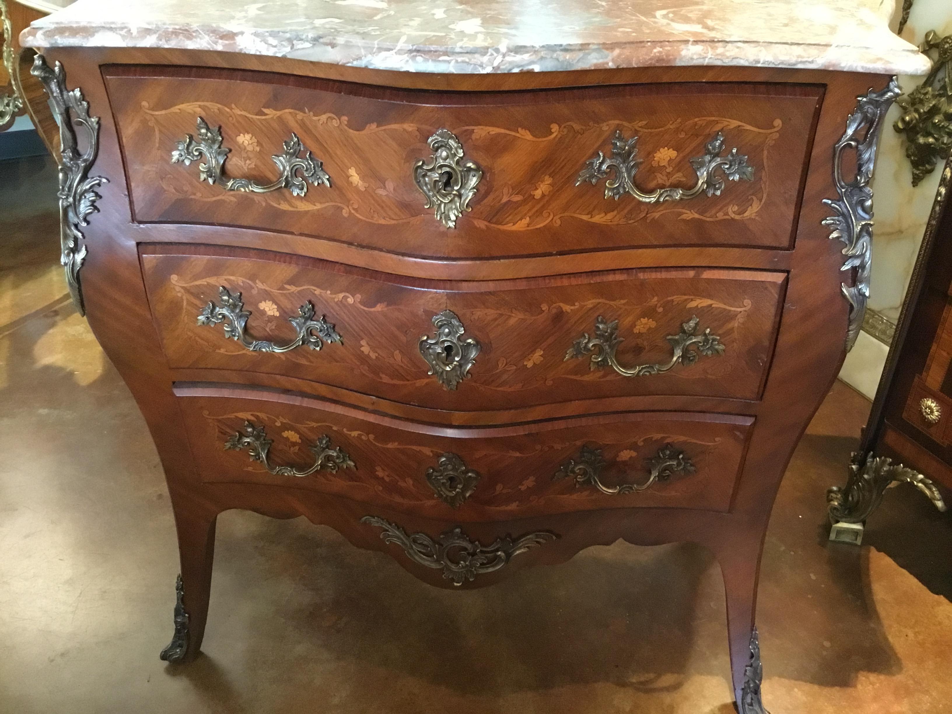 French Commode/ Chest Bombe’ Form with Marquetry Inlay and Bronze Mounts 19th C For Sale 6