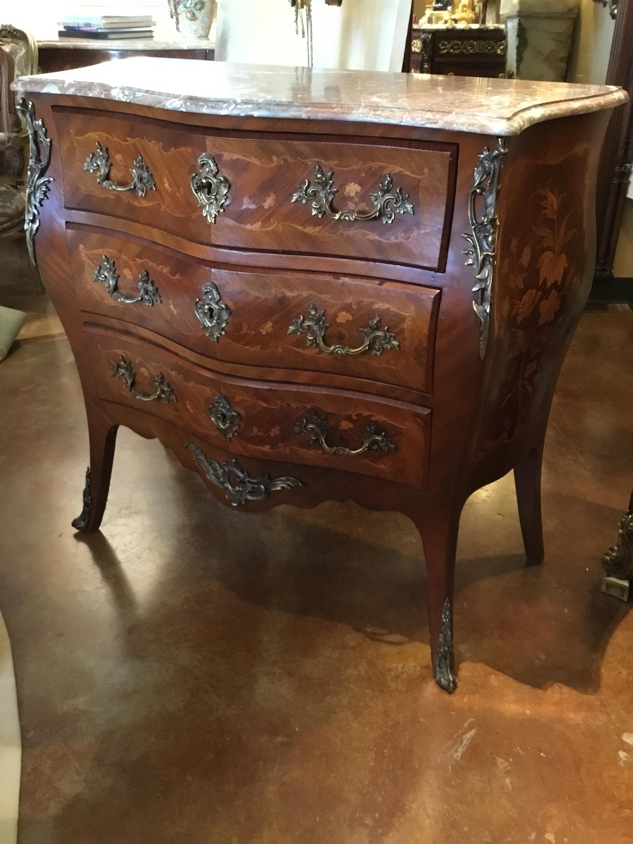 French Commode/ Chest Bombe’ Form with Marquetry Inlay and Bronze Mounts 19th C For Sale 7