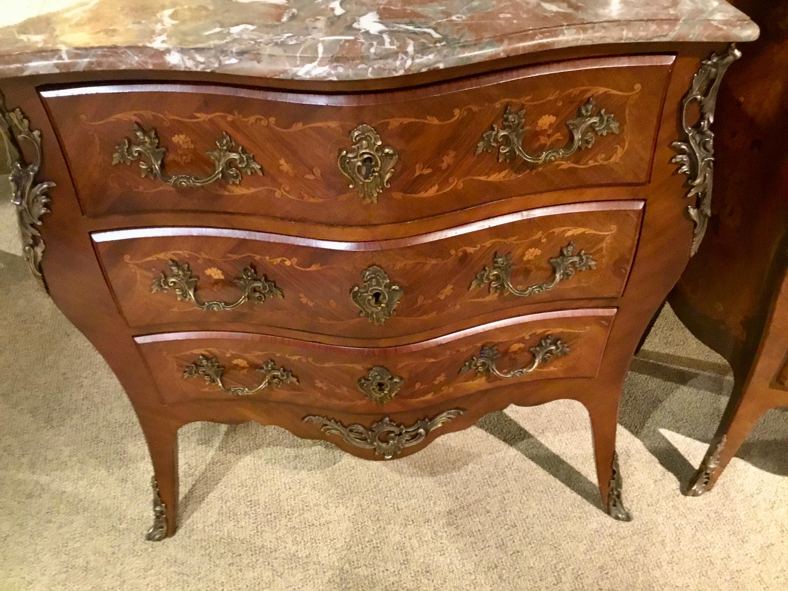 Louis XV French Commode/ Chest Bombe’ Form with Marquetry Inlay and Bronze Mounts 19th C For Sale