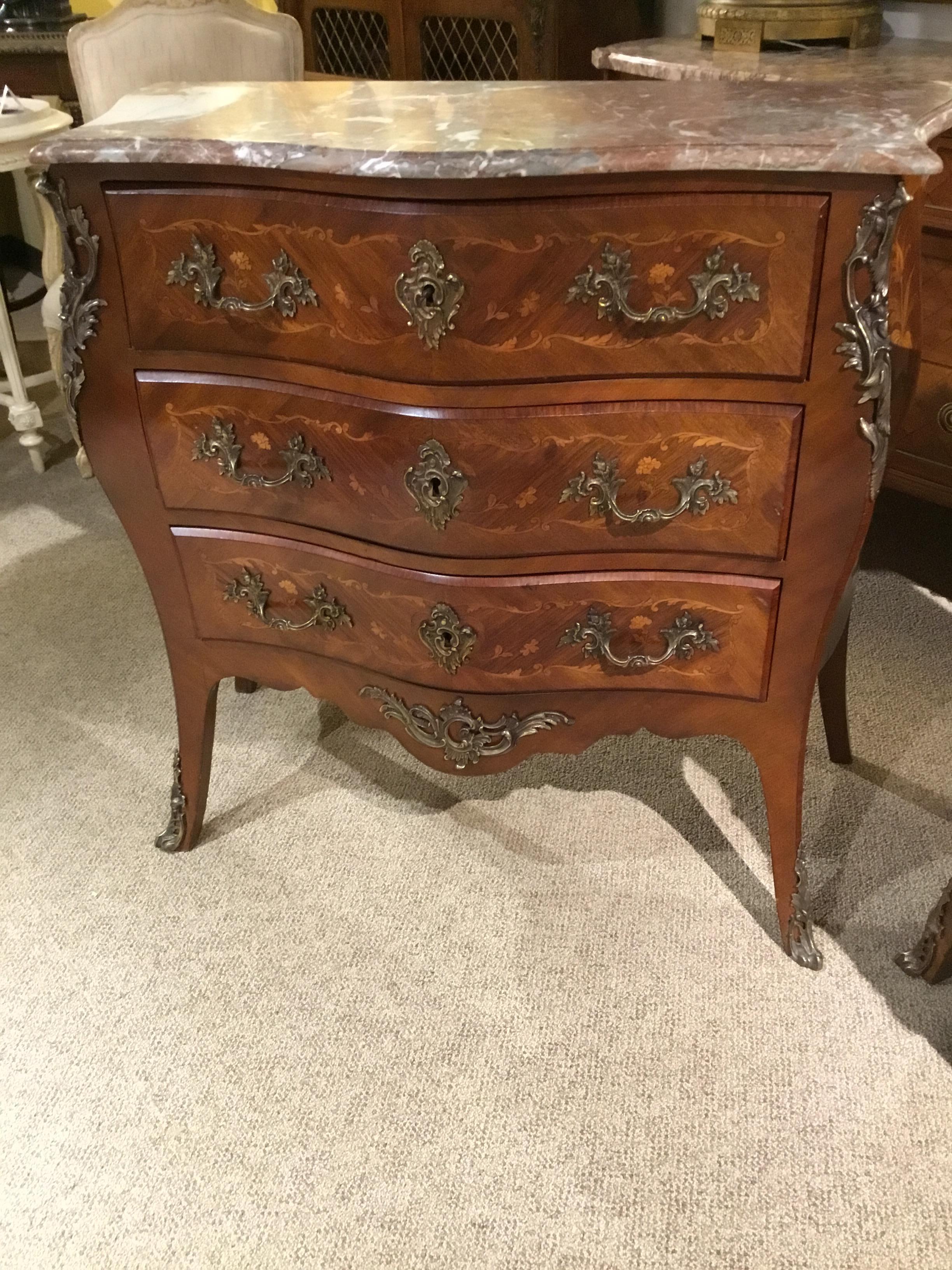French Commode/ Chest Bombe’ Form with Marquetry Inlay and Bronze Mounts 19th C In Good Condition For Sale In Houston, TX