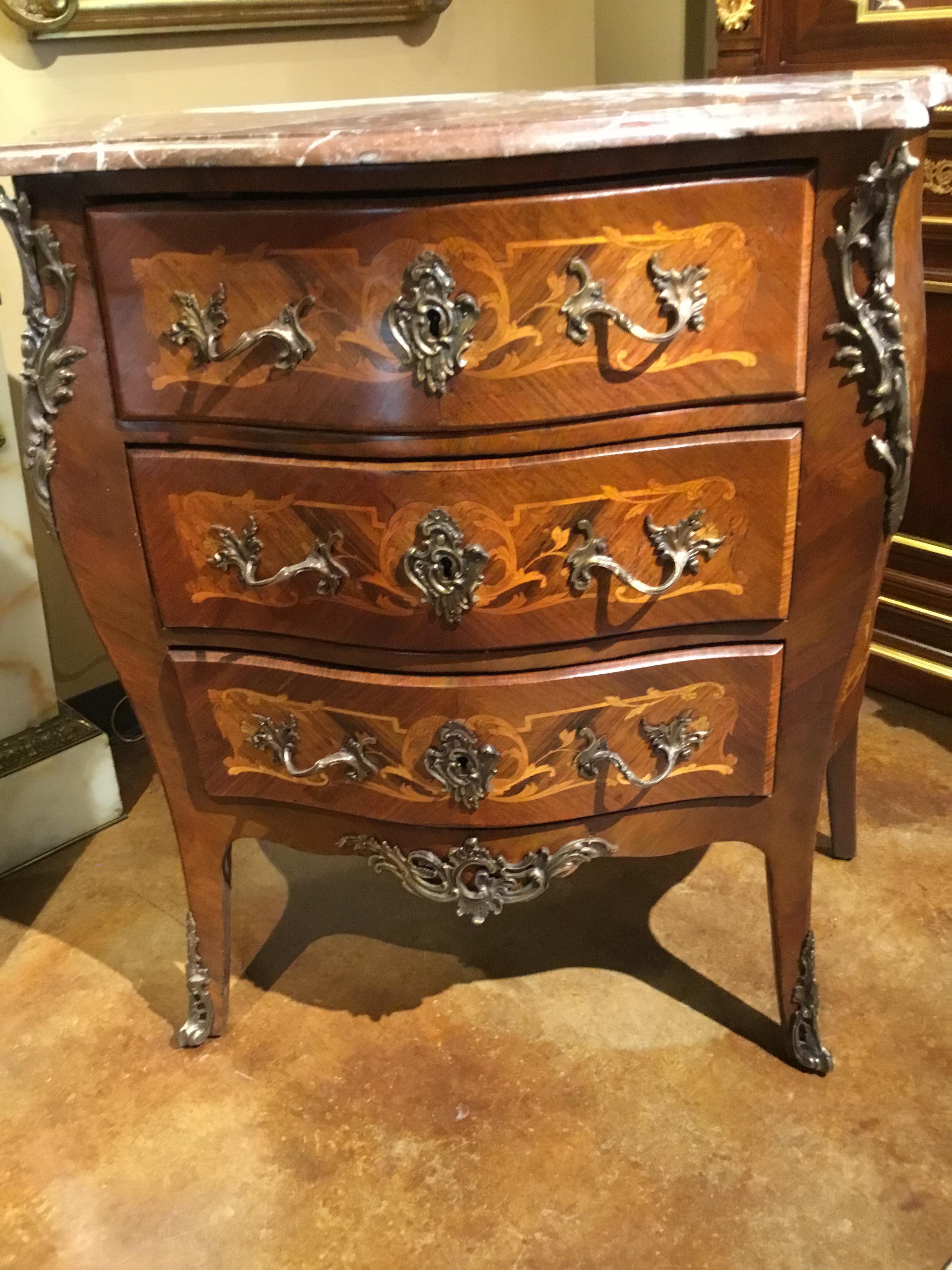 19th Century French Commode/ Chest Bombe’ Form with Marquetry Inlay and Bronze Mounts 19th C For Sale
