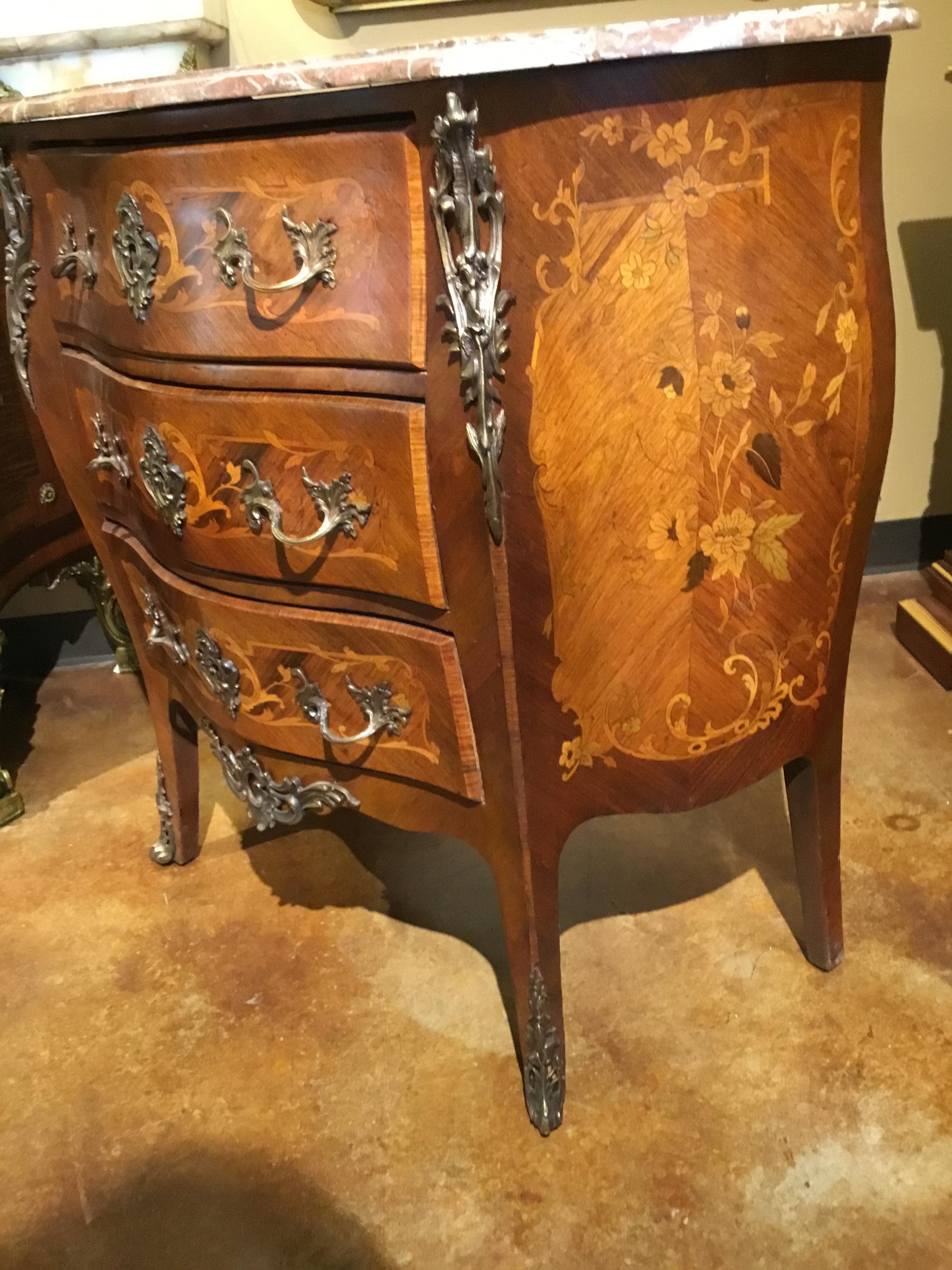 French Commode/ Chest Bombe’ Form with Marquetry Inlay and Bronze Mounts 19th C For Sale 2
