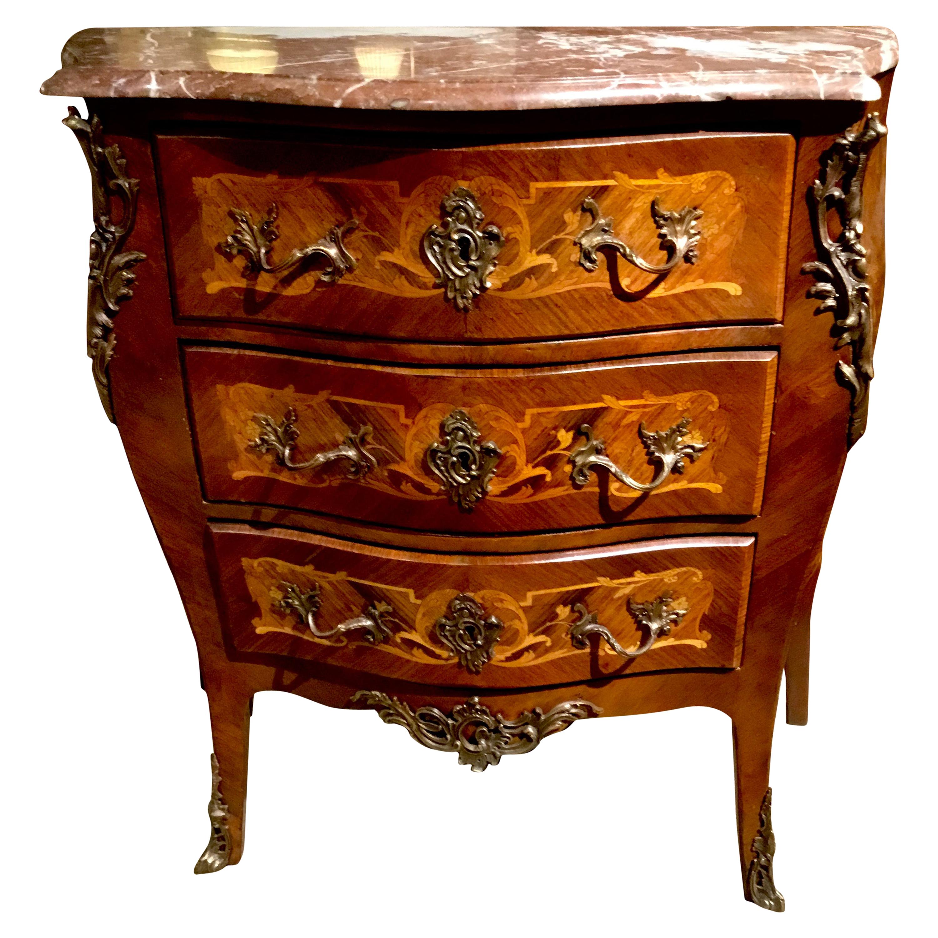 French Commode/ Chest Bombe’ Form with Marquetry Inlay and Bronze Mounts 19th C