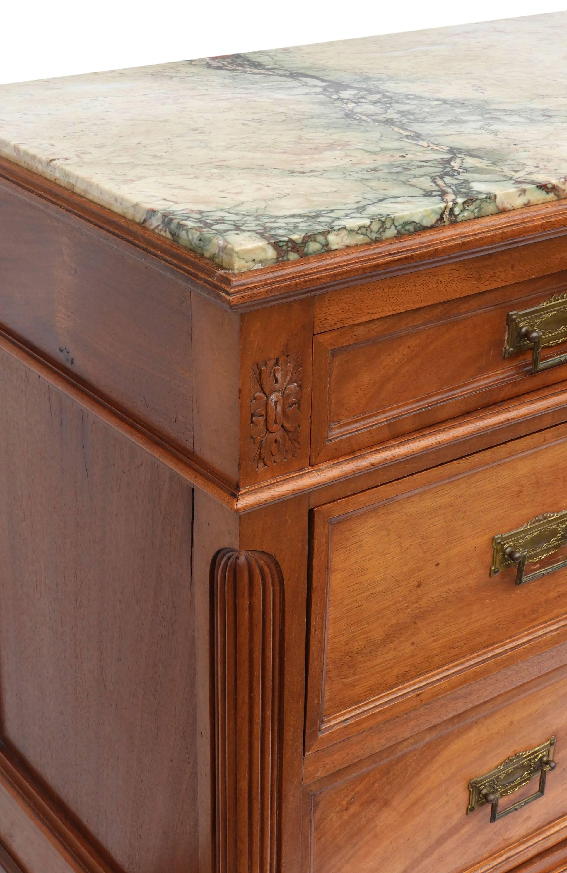 Carved French Commode Chest of Drawers Louis XVI Style Marble Walnut Early 20th Century