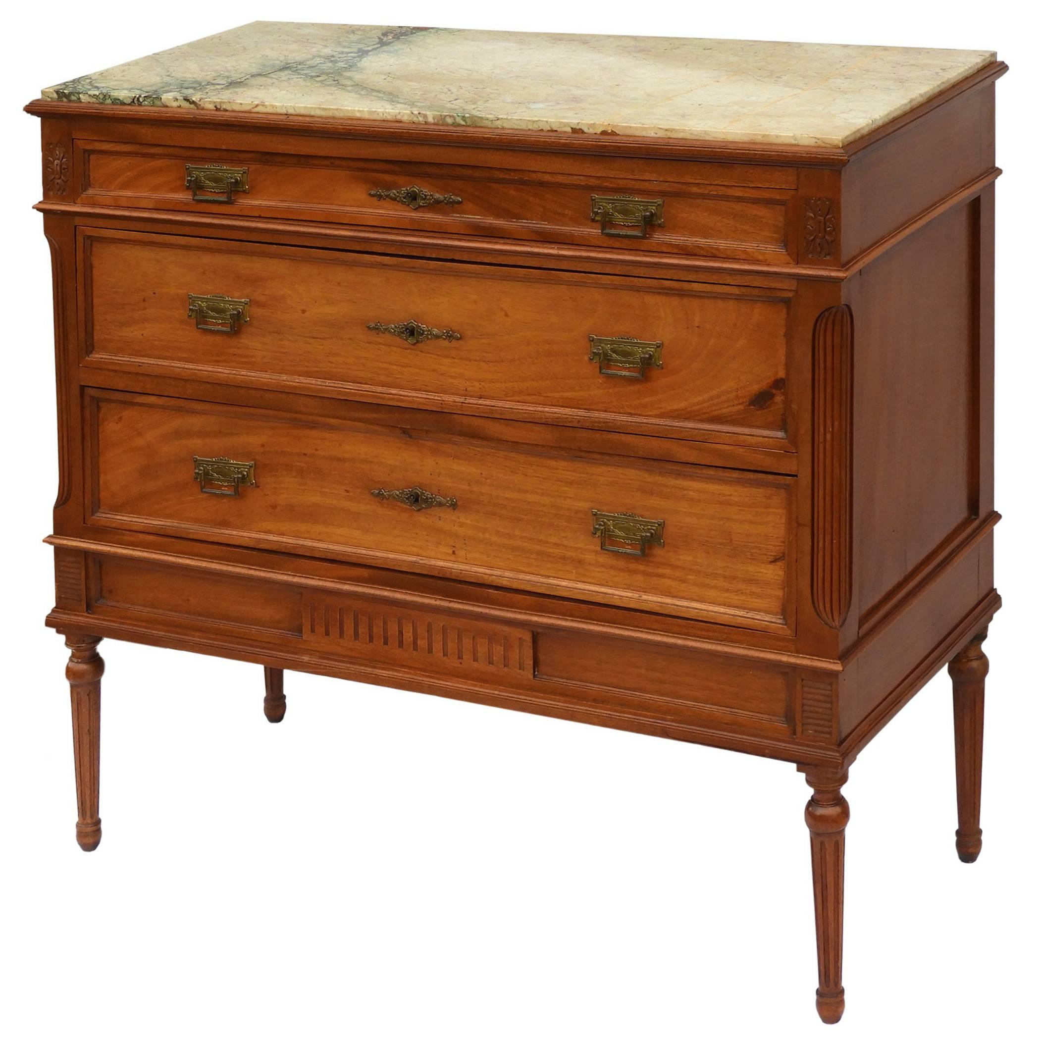 French Commode Chest of Drawers Louis XVI Style Marble Walnut Early 20th Century