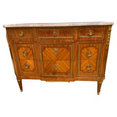 French Commode, Marble Top with Bronze Dore Mounts with Marquetry Inlay, Signed