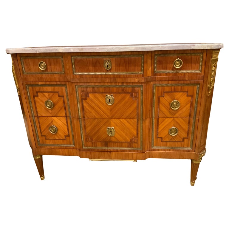 French Commode, Marble Top with Bronze Dore Mounts with Marquetry Inlay,  Signed For Sale at 1stDibs