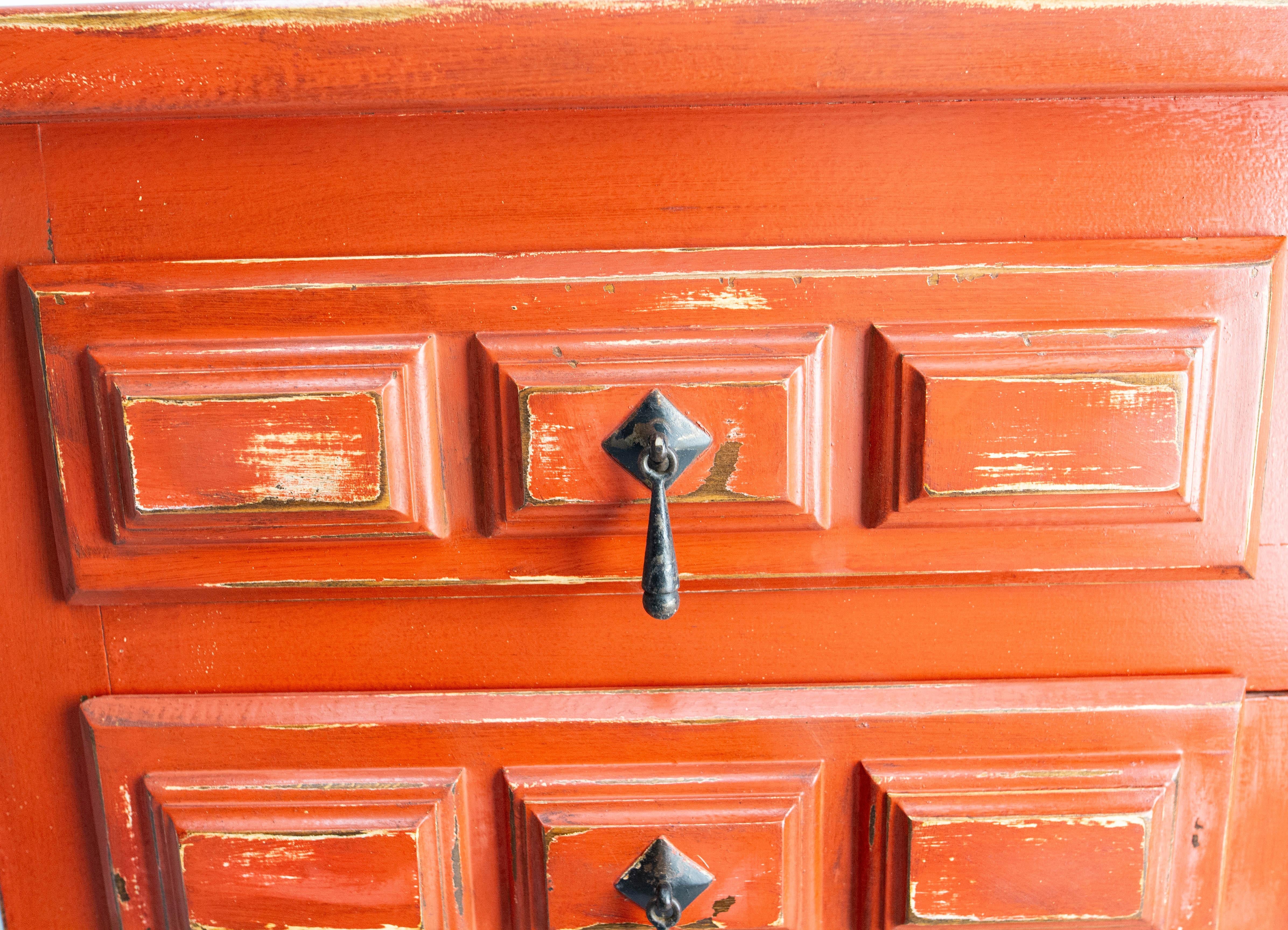 French Commode or Patinated Red Chest of Drawers Spanish Style, 20th Mid-Century For Sale 4
