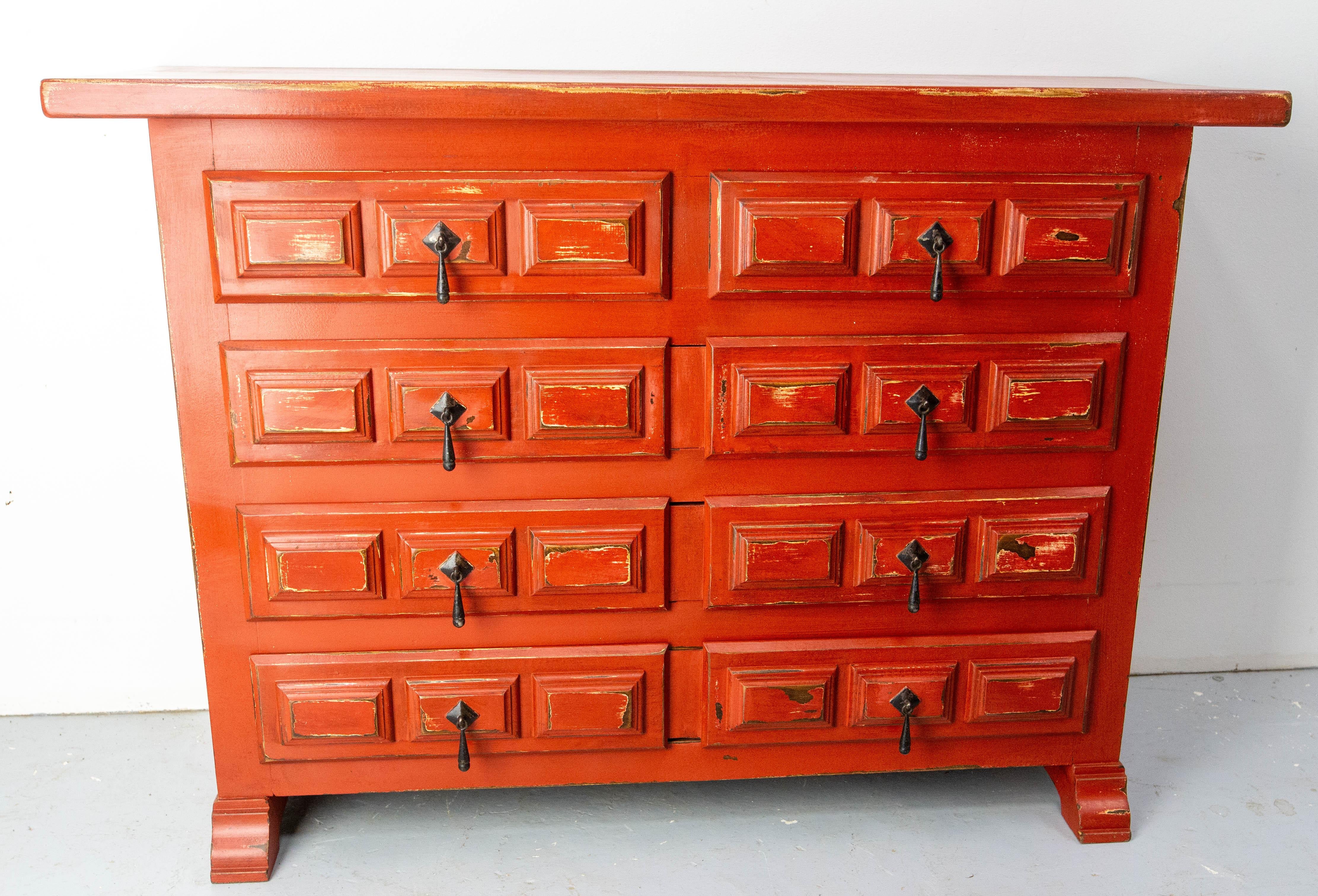 French Commode or Patinated Red Chest of Drawers Spanish Style, 20th Mid-Century For Sale 5