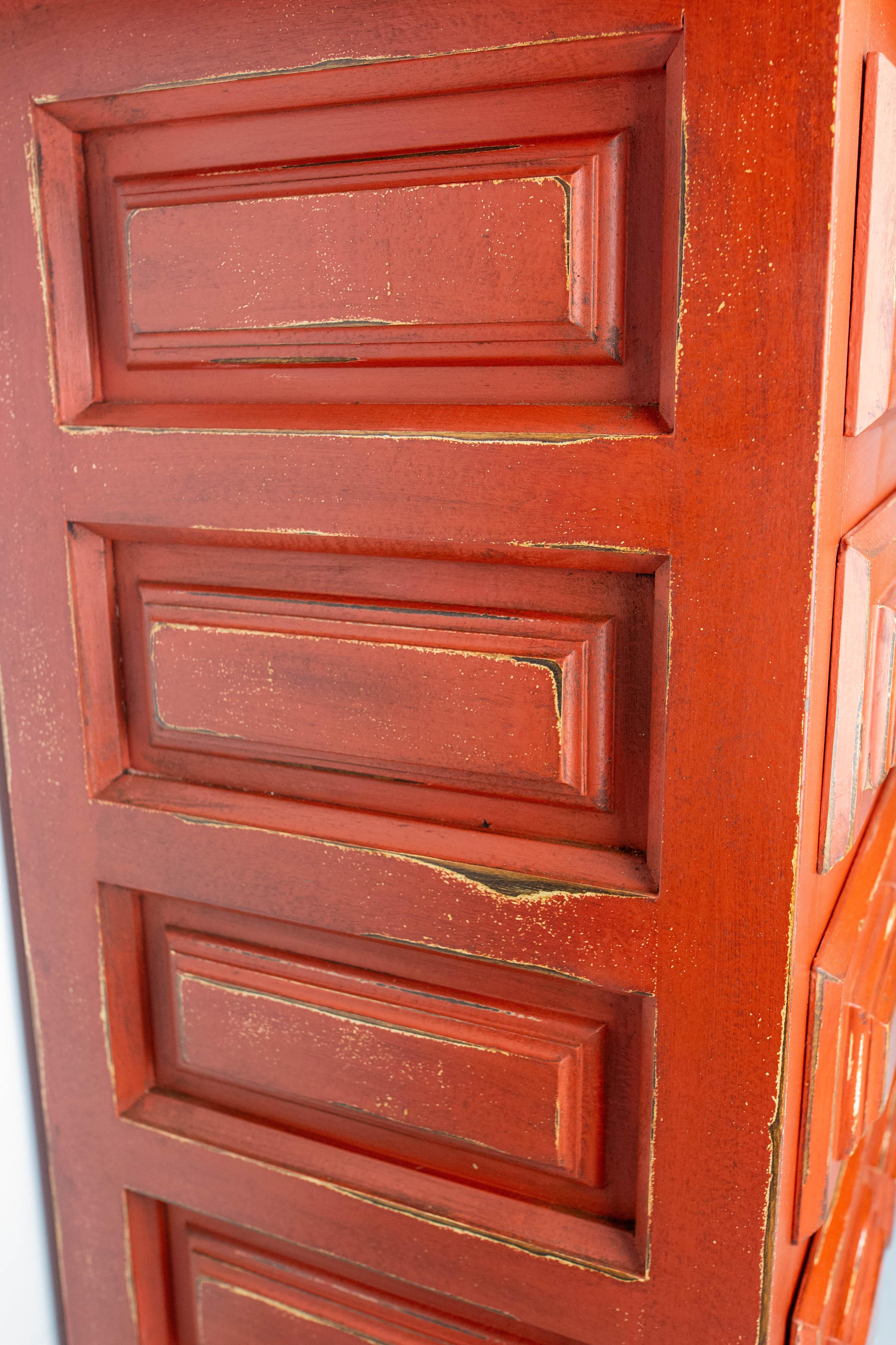French Commode or Patinated Red Chest of Drawers Spanish Style, 20th Mid-Century For Sale 7