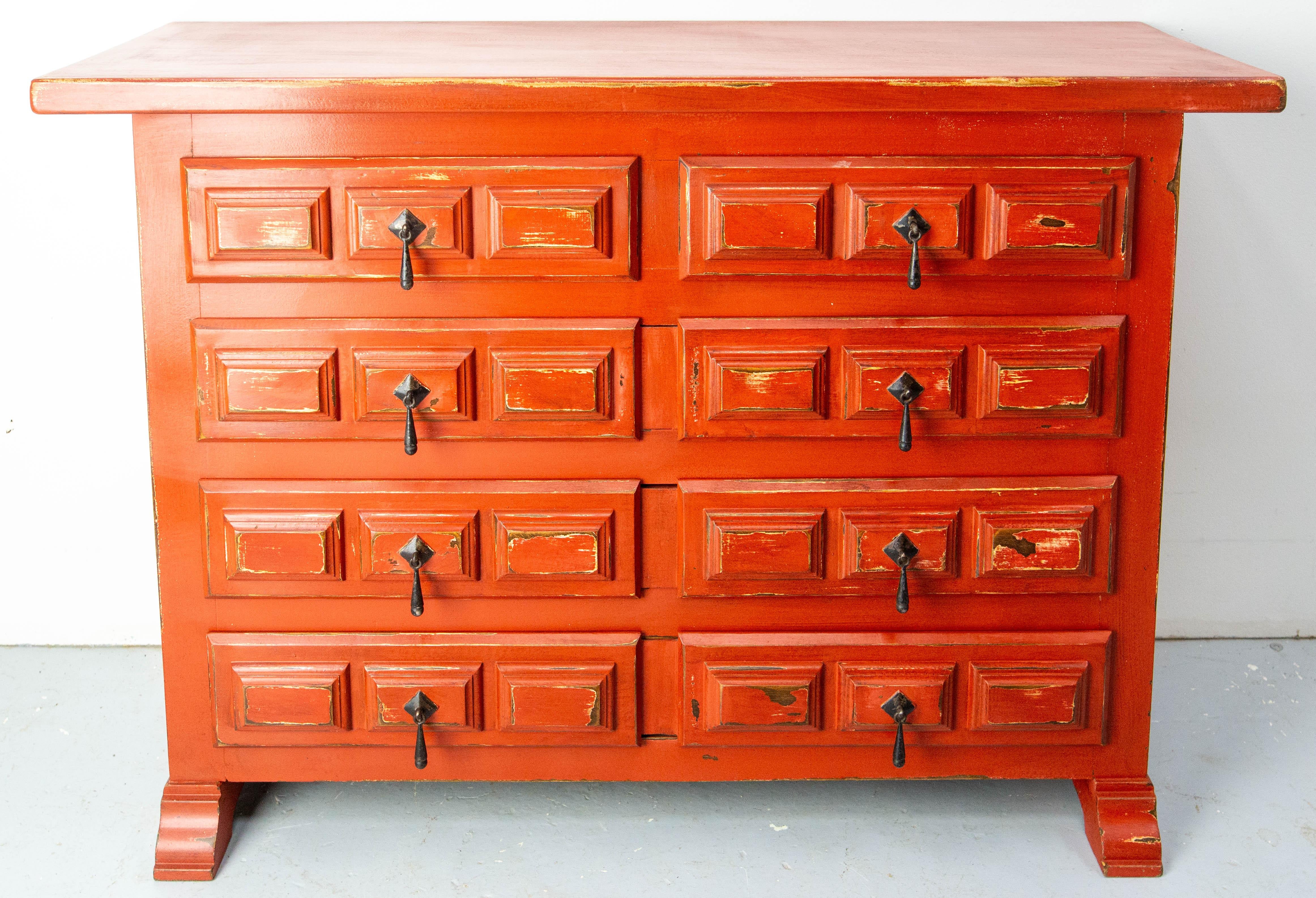 Spanish Colonial French Commode or Patinated Red Chest of Drawers Spanish Style, 20th Mid-Century For Sale