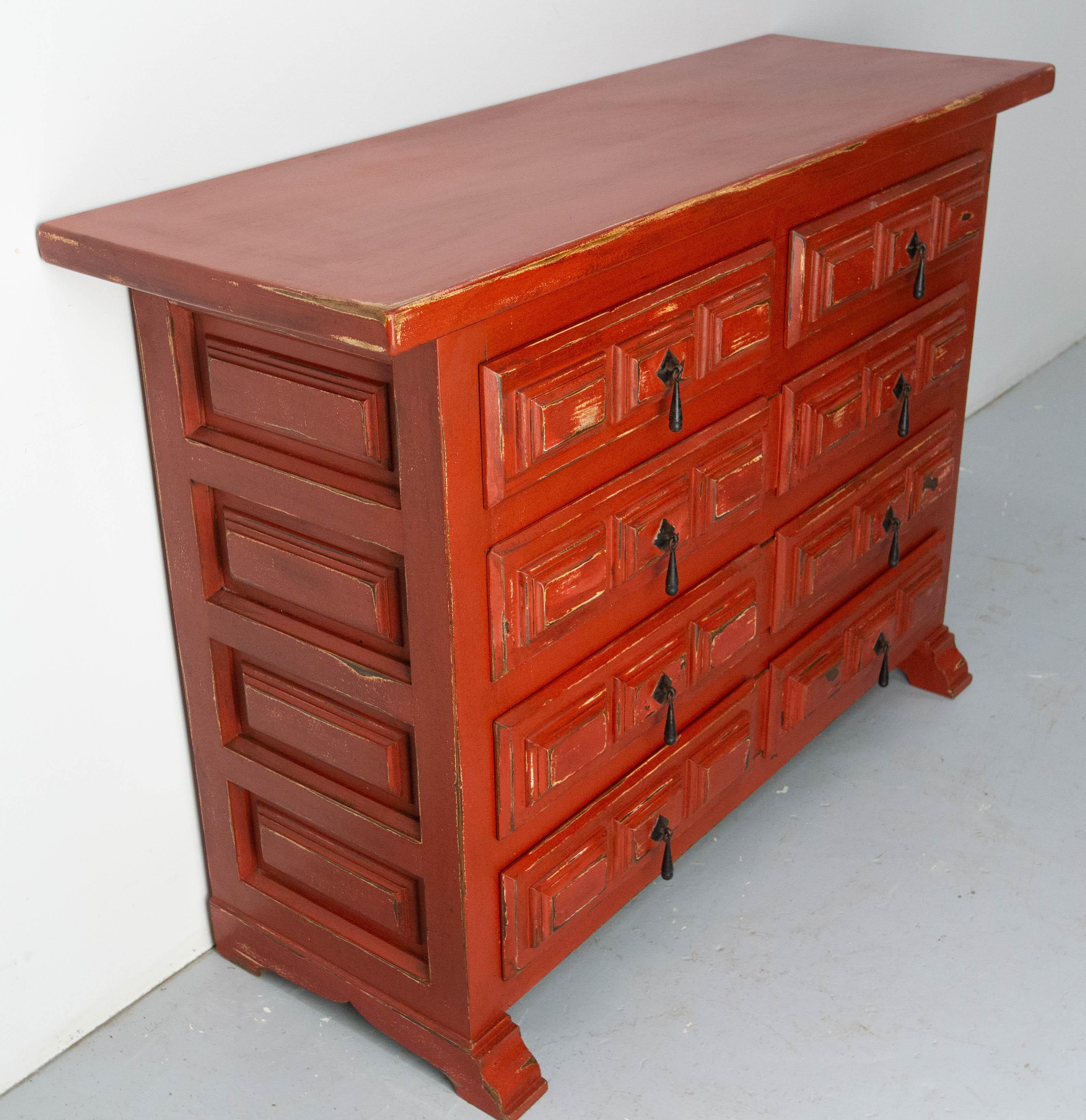 French Commode or Patinated Red Chest of Drawers Spanish Style, 20th Mid-Century In Good Condition For Sale In Labrit, Landes