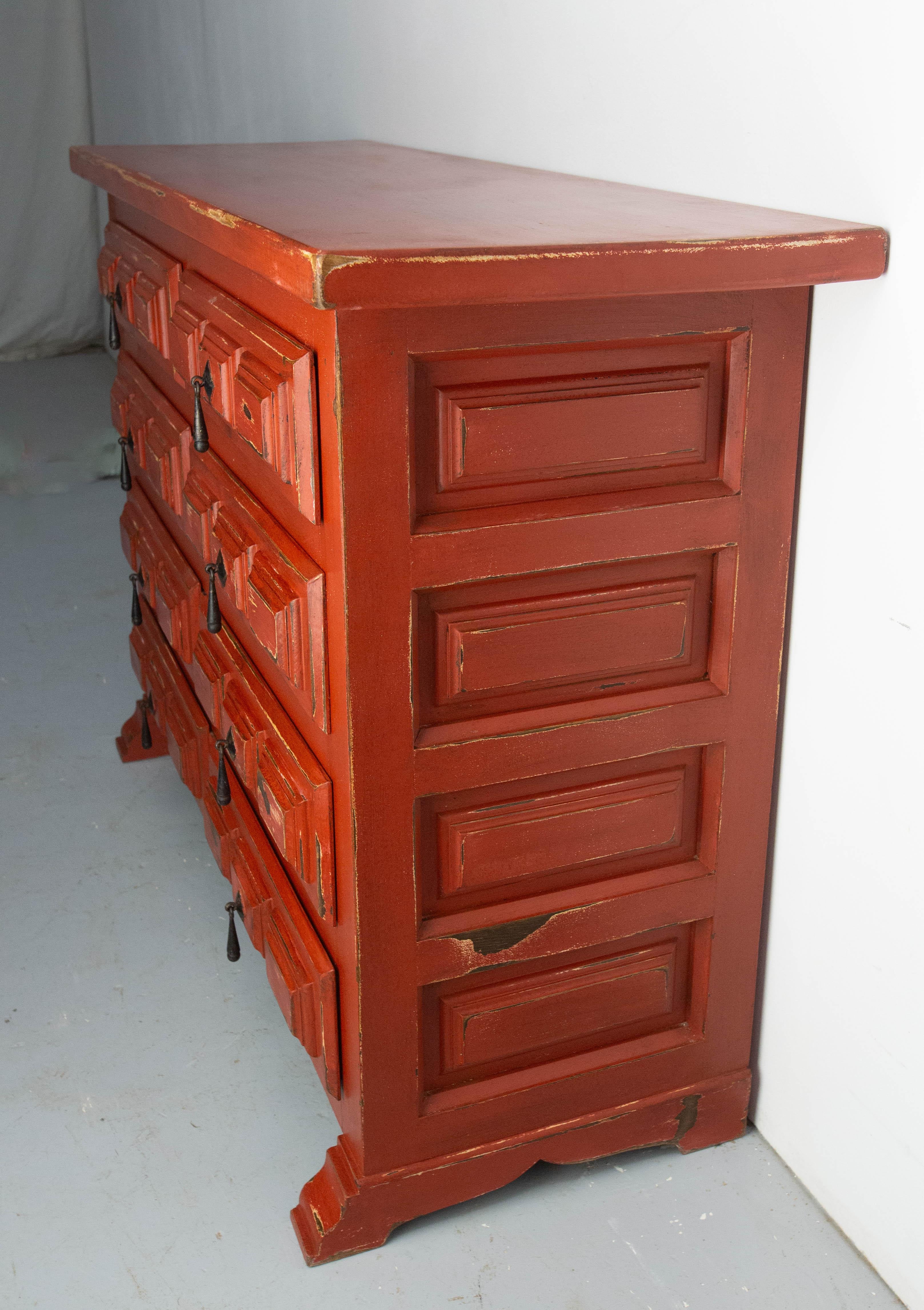 Iron French Commode or Patinated Red Chest of Drawers Spanish Style, 20th Mid-Century For Sale