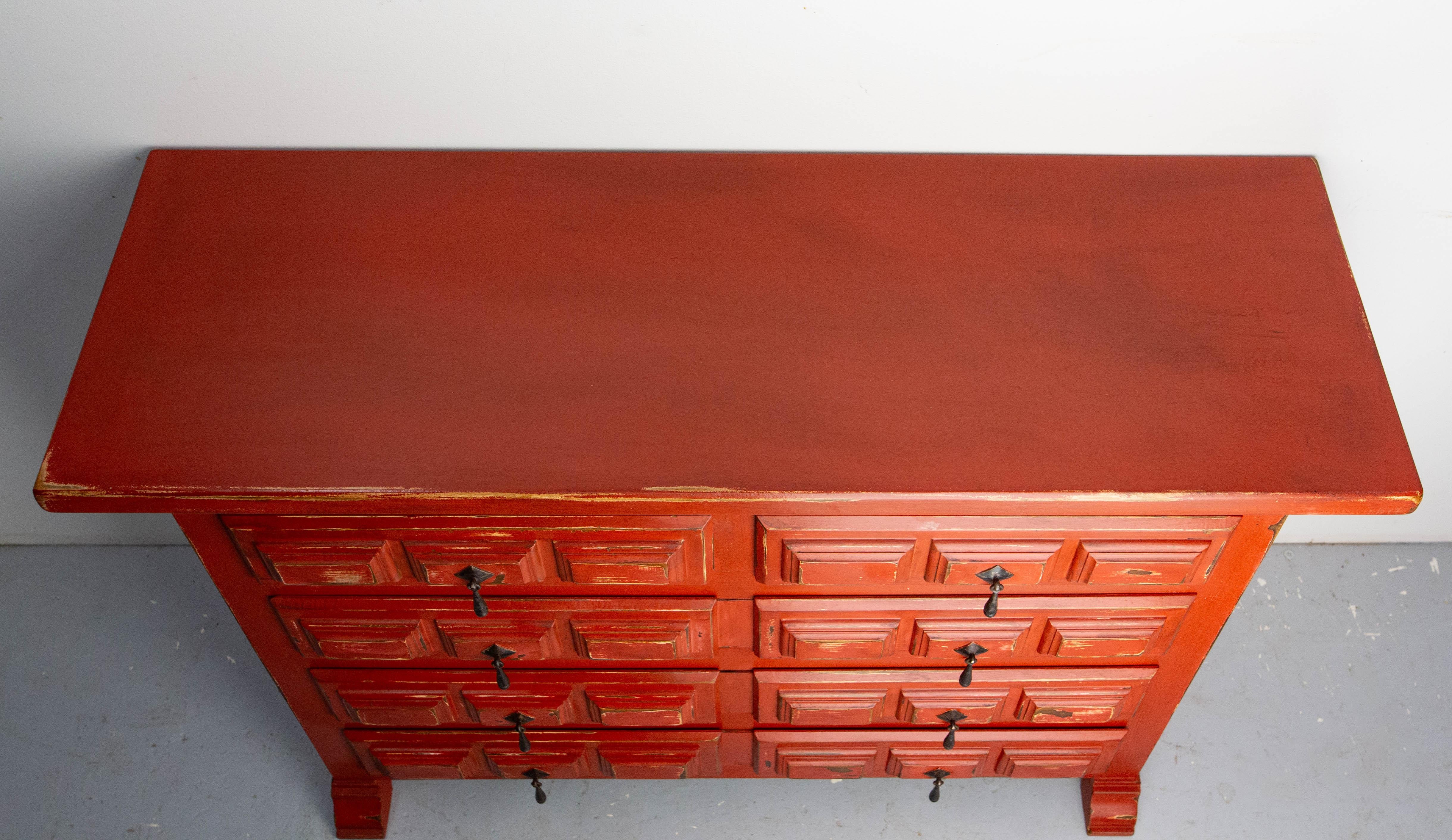French Commode or Patinated Red Chest of Drawers Spanish Style, 20th Mid-Century For Sale 1