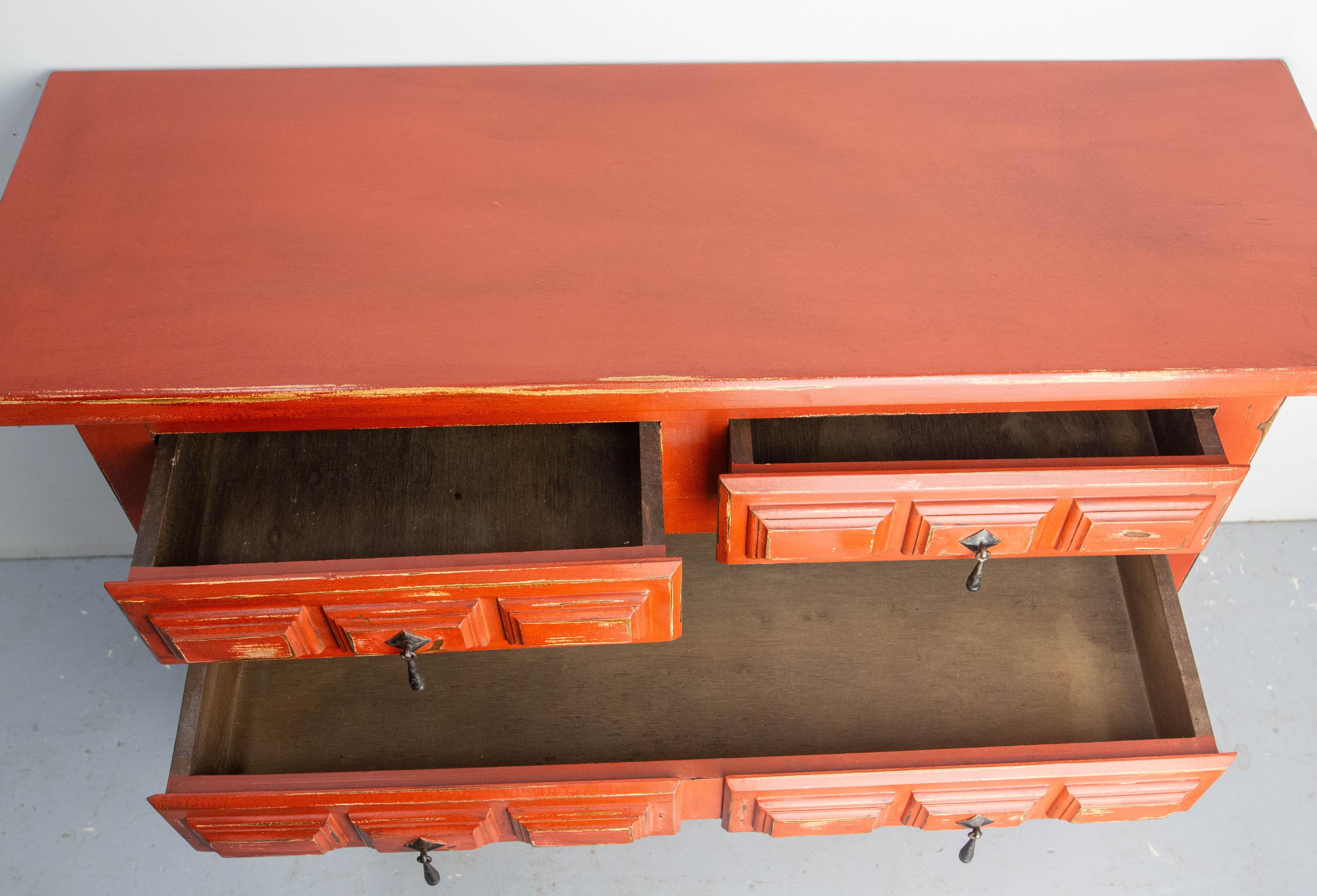 French Commode or Patinated Red Chest of Drawers Spanish Style, 20th Mid-Century For Sale 2