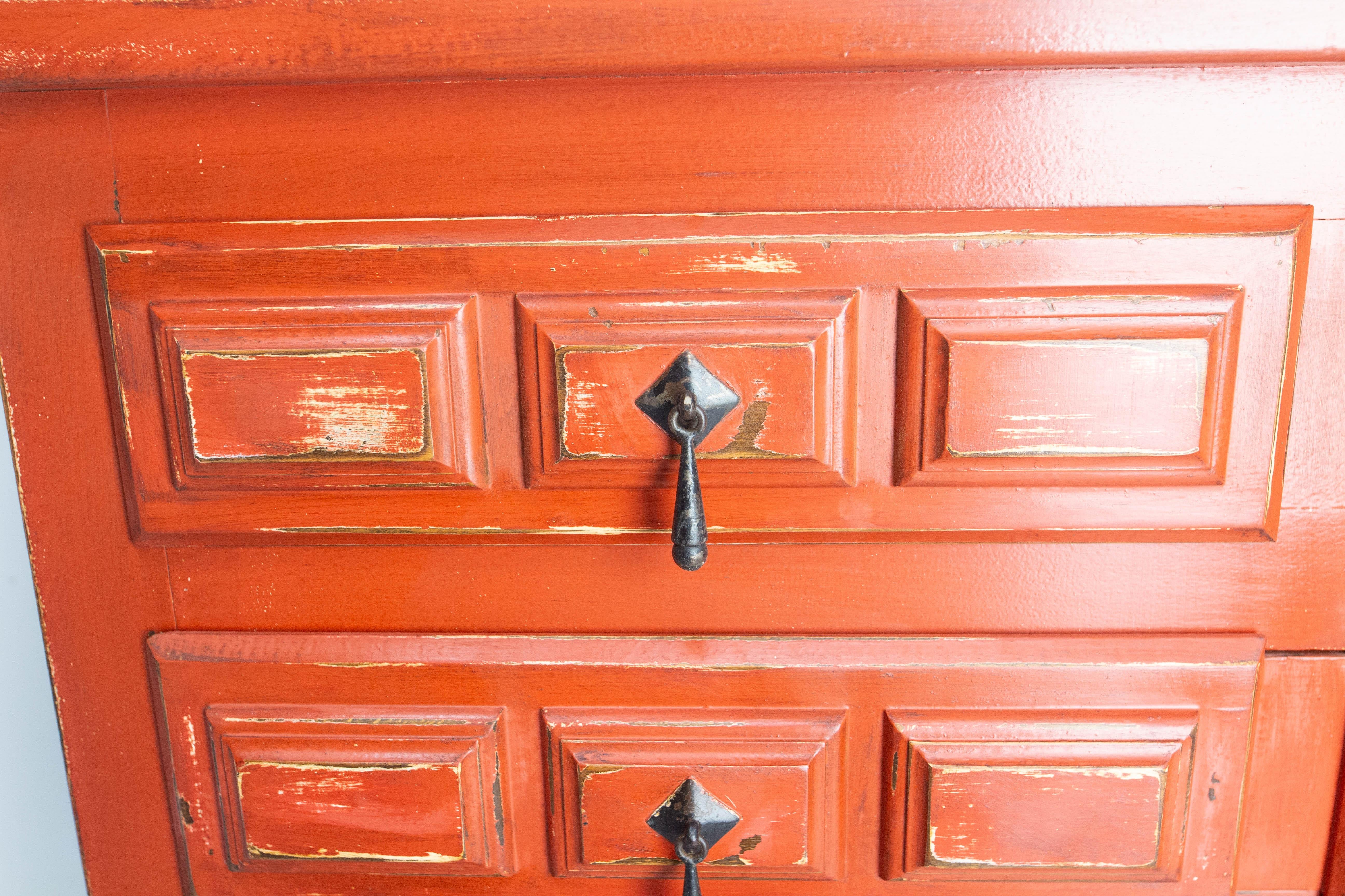 French Commode or Patinated Red Chest of Drawers Spanish Style, 20th Mid-Century For Sale 3