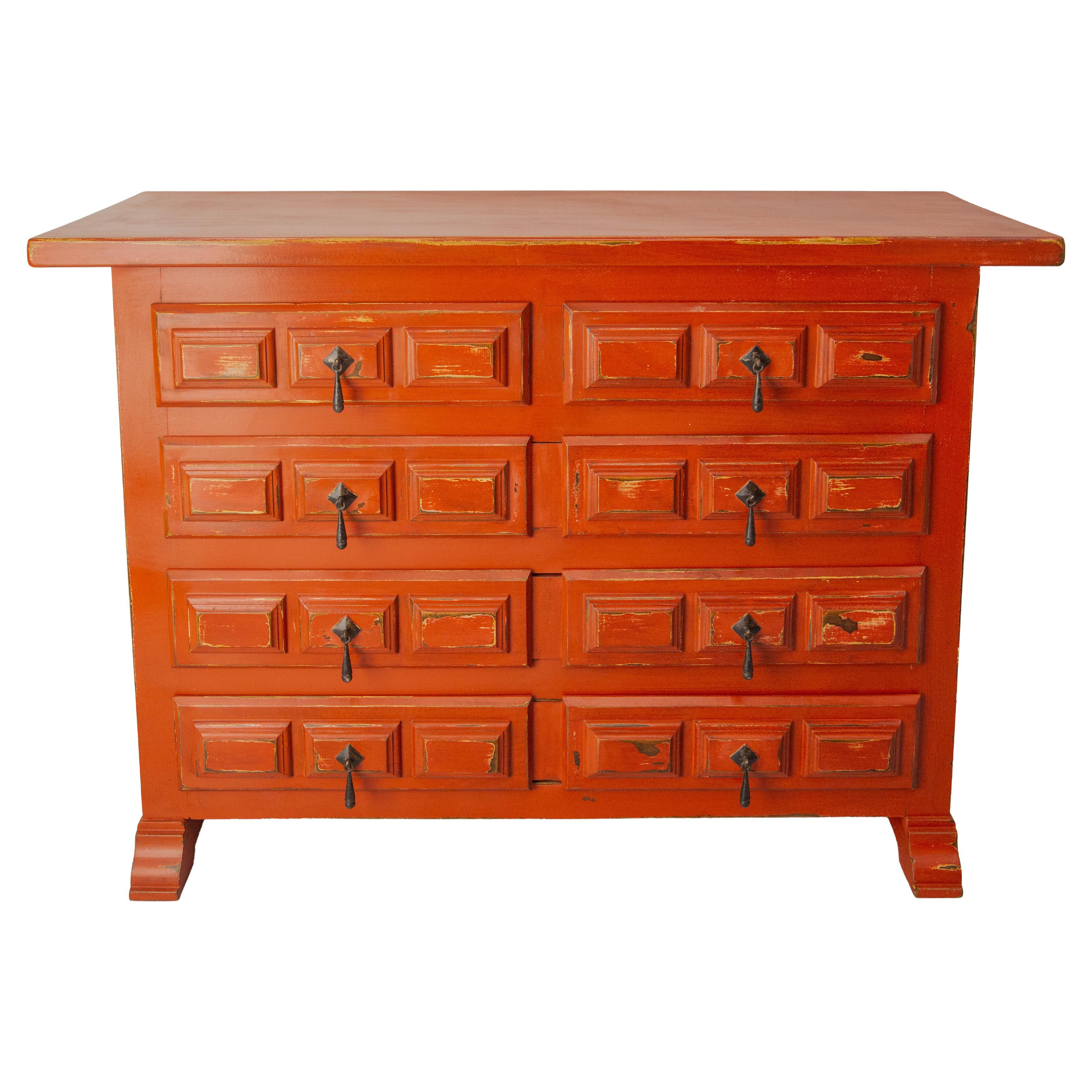 French Commode or Patinated Red Chest of Drawers Spanish Style, 20th Mid-Century For Sale