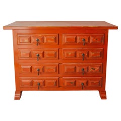 French Commode or Patinated Red Chest of Drawers Spanish Style, 20th Mid-Century