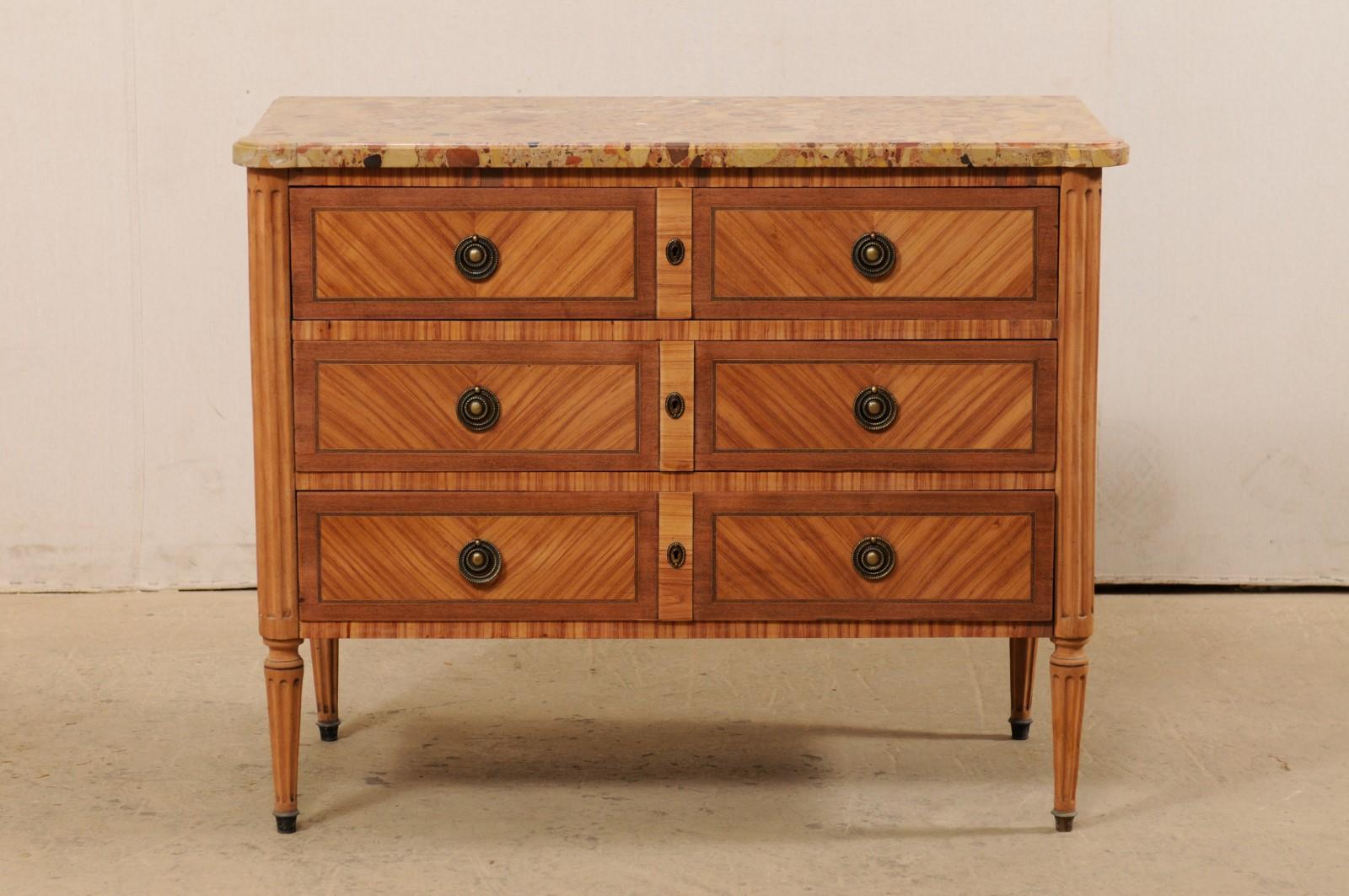 Neoclassical French Commode with Stone Top and Lovely Inlay Pattern Creating Visual Interest