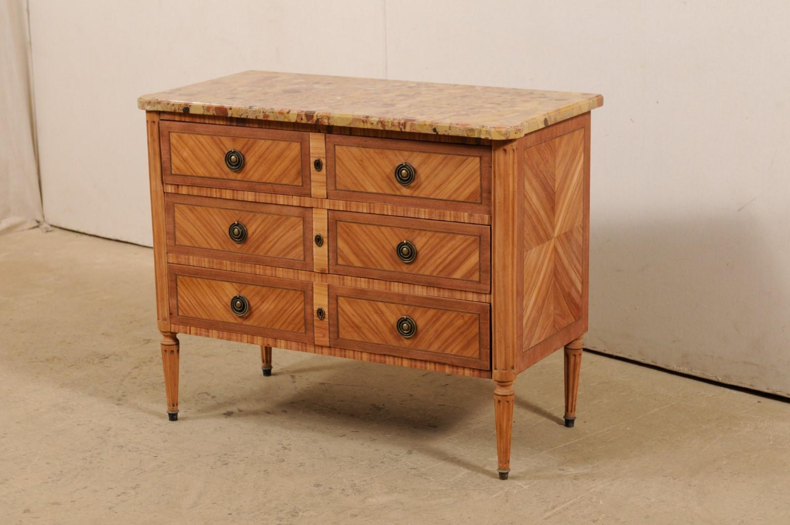 French Commode with Stone Top and Lovely Inlay Pattern Creating Visual Interest In Good Condition In Atlanta, GA