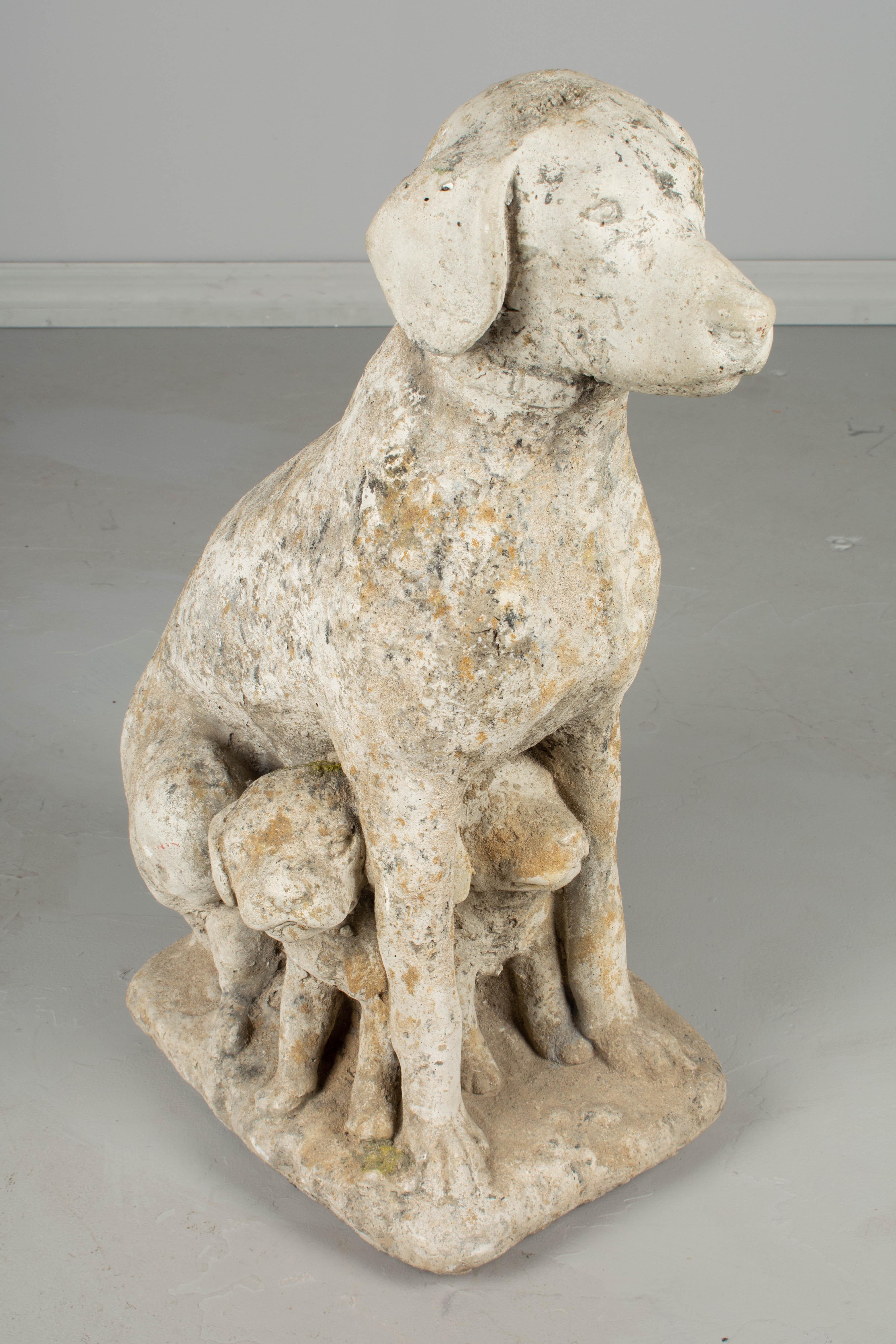 20th Century French Composite Stone Sculpture of a Garden Dog with Puppies