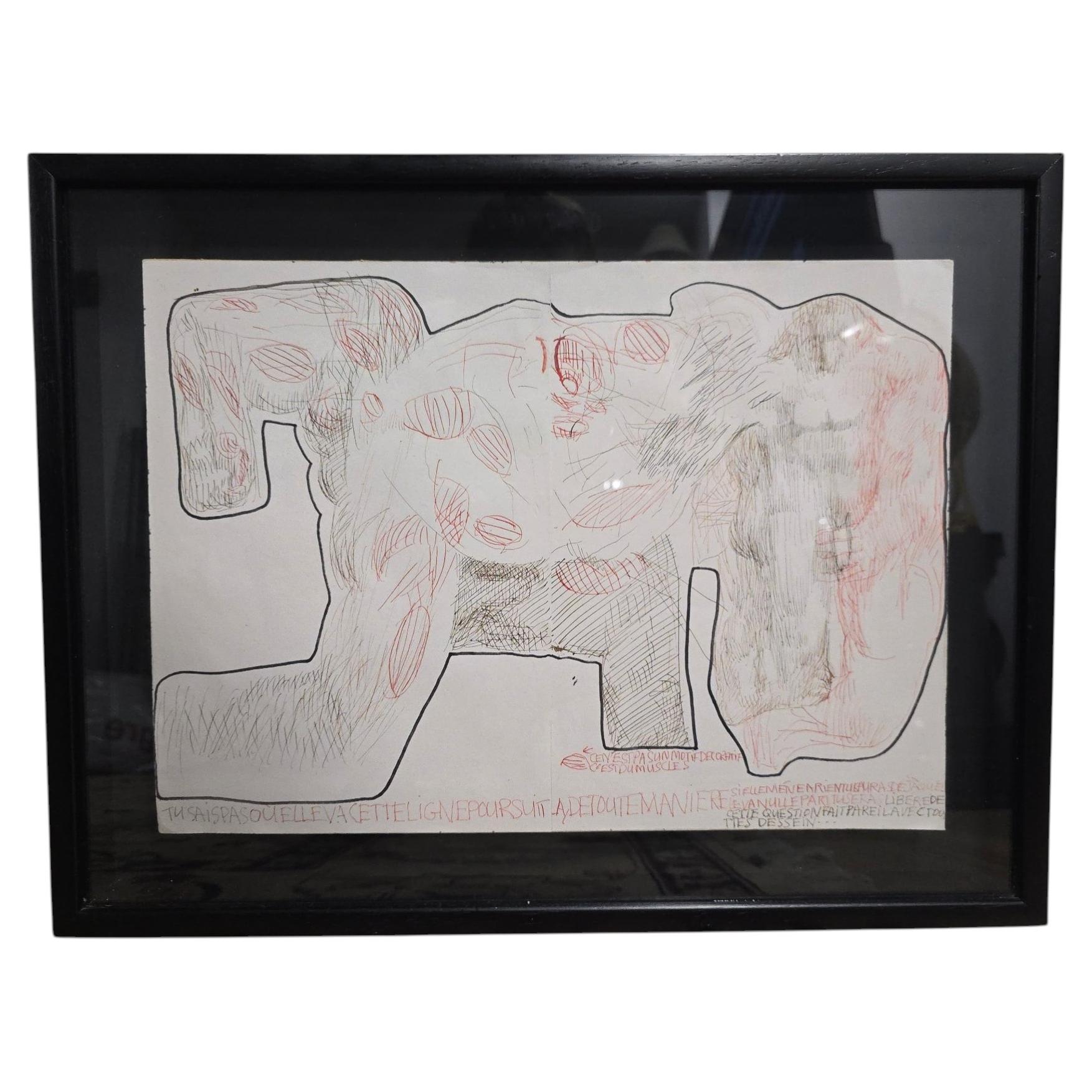 French Conceptual Mixed-Media Drawing with Text, 20th Century