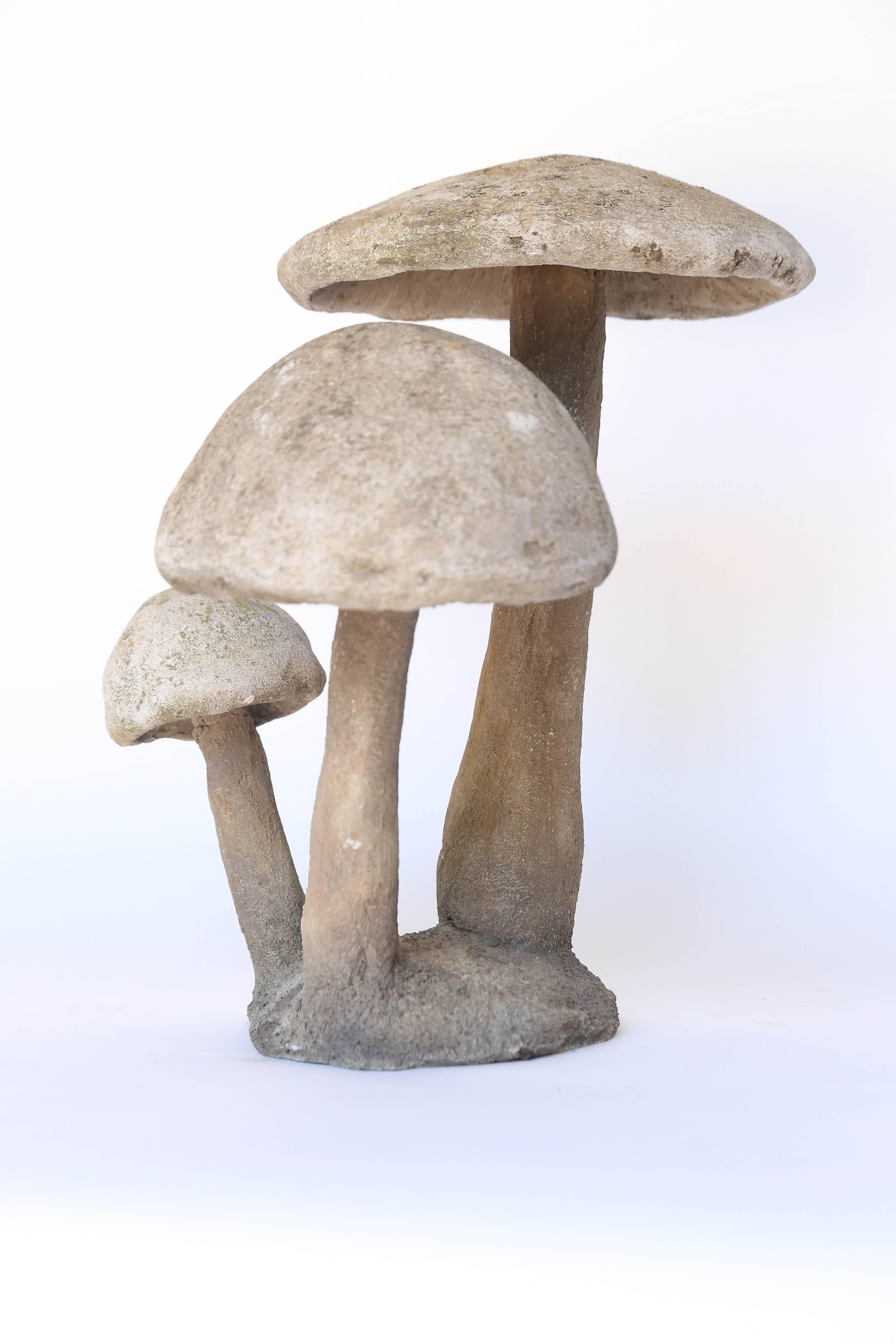 Group of three concrete garden Mushrooms found in France. 

Small mushroom measures 11 1/2 inches in height 
Medium mushroom measures 16 1/2 inches in height
Large mushroom measures 22 inches in height.