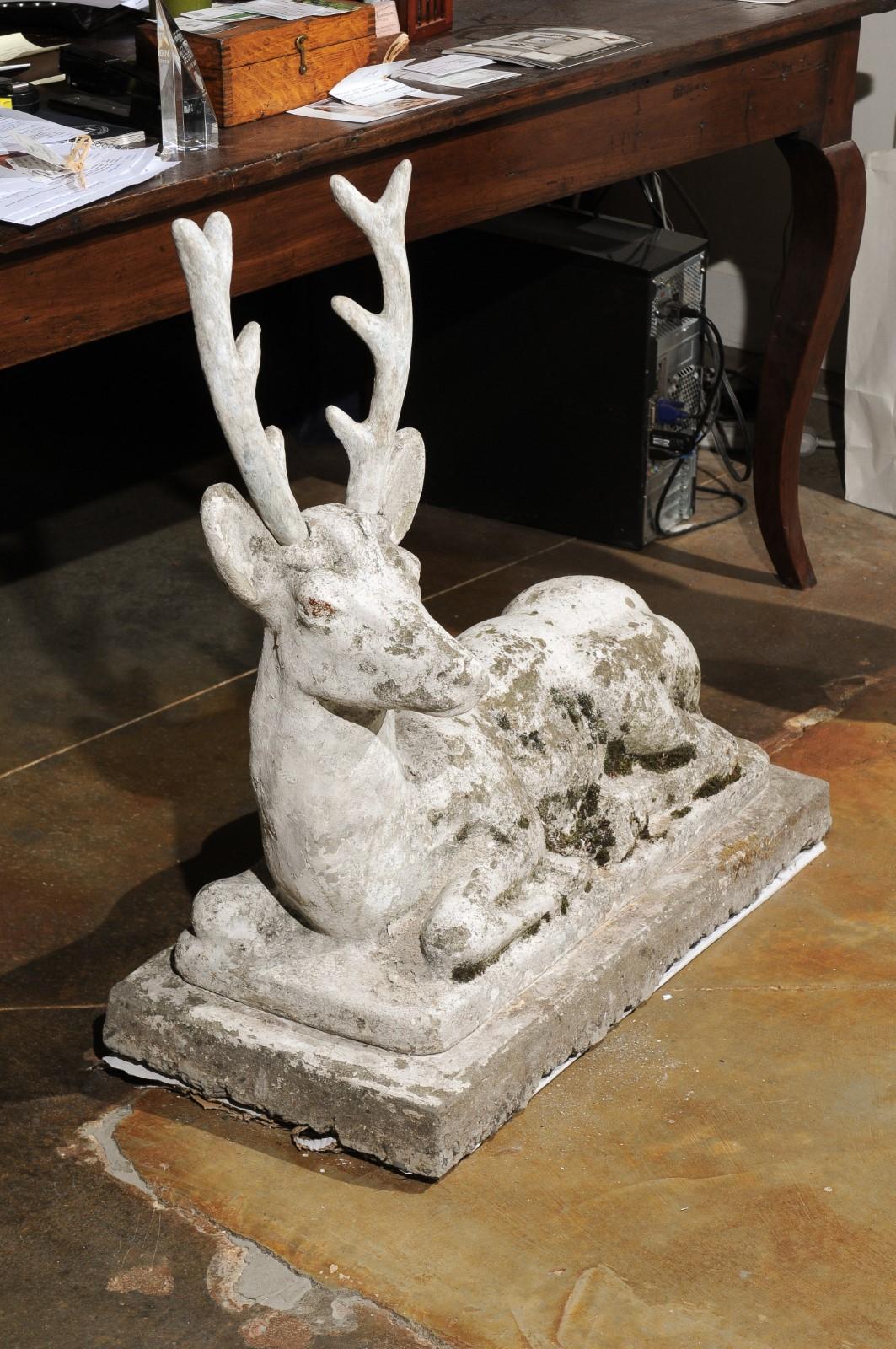 Cast French Concrete Reclining Deer Sculpture with Weathered Patina, circa 1900