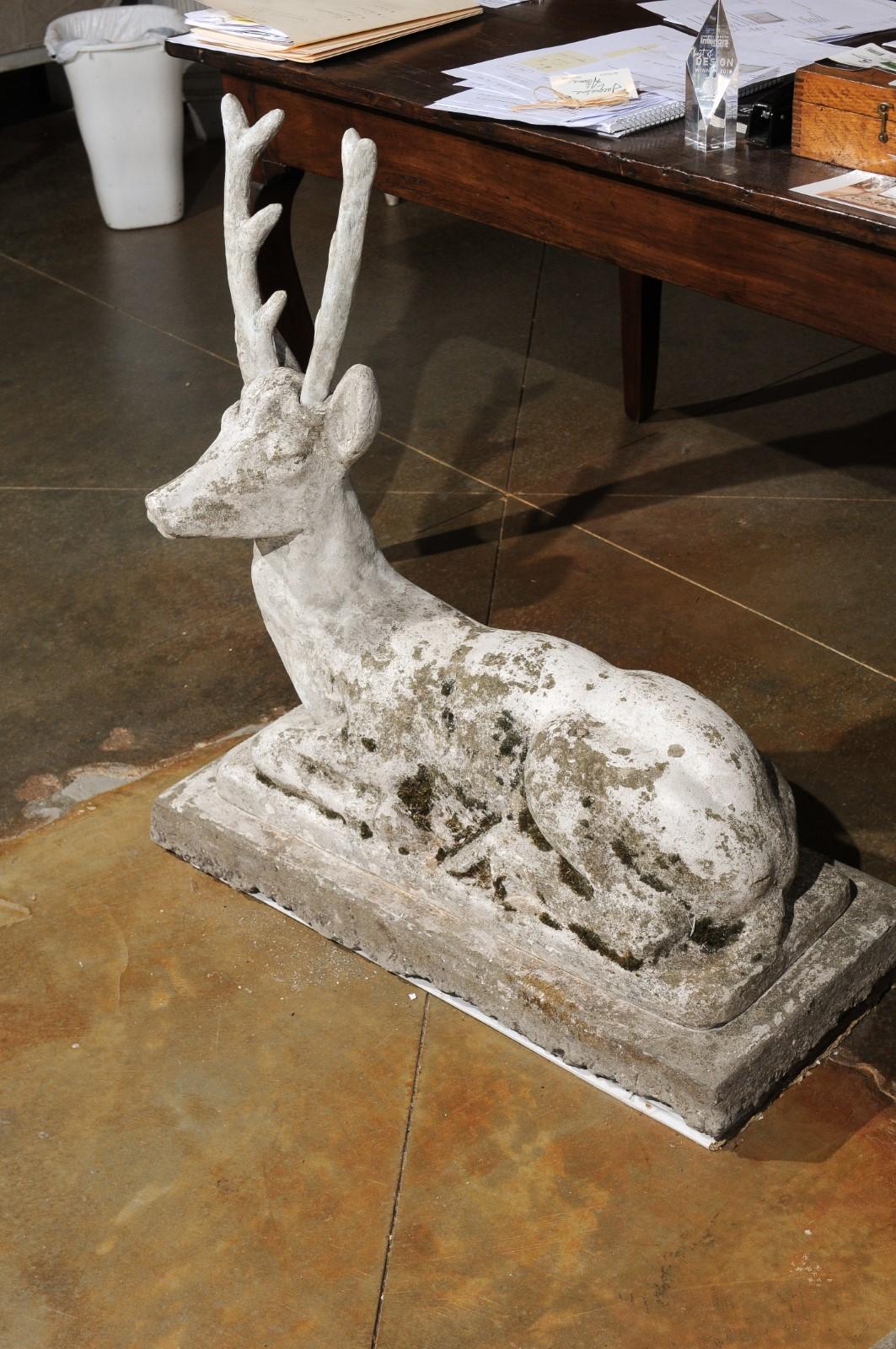 French Concrete Reclining Deer Sculpture with Weathered Patina, circa 1900 In Fair Condition In Atlanta, GA