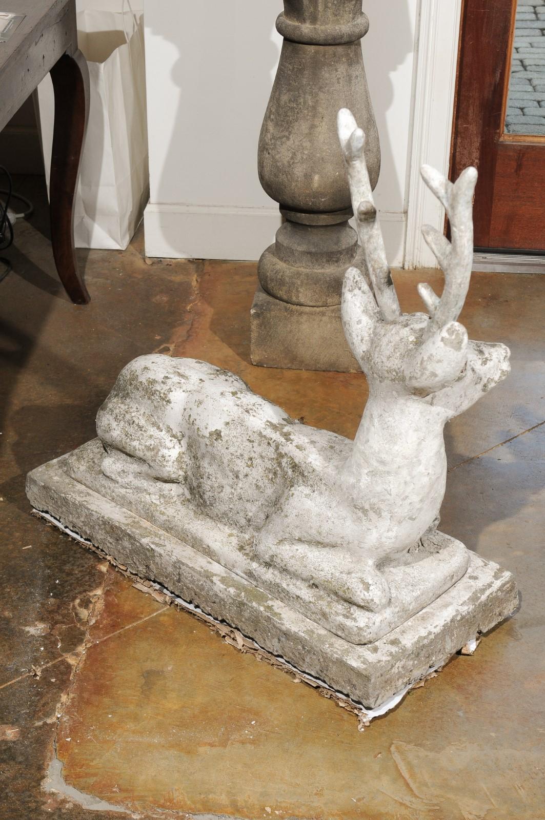 French Concrete Reclining Deer Sculpture with Weathered Patina, circa 1900 3