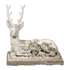 French Concrete Reclining Deer Sculpture with Weathered Patina, circa 1900