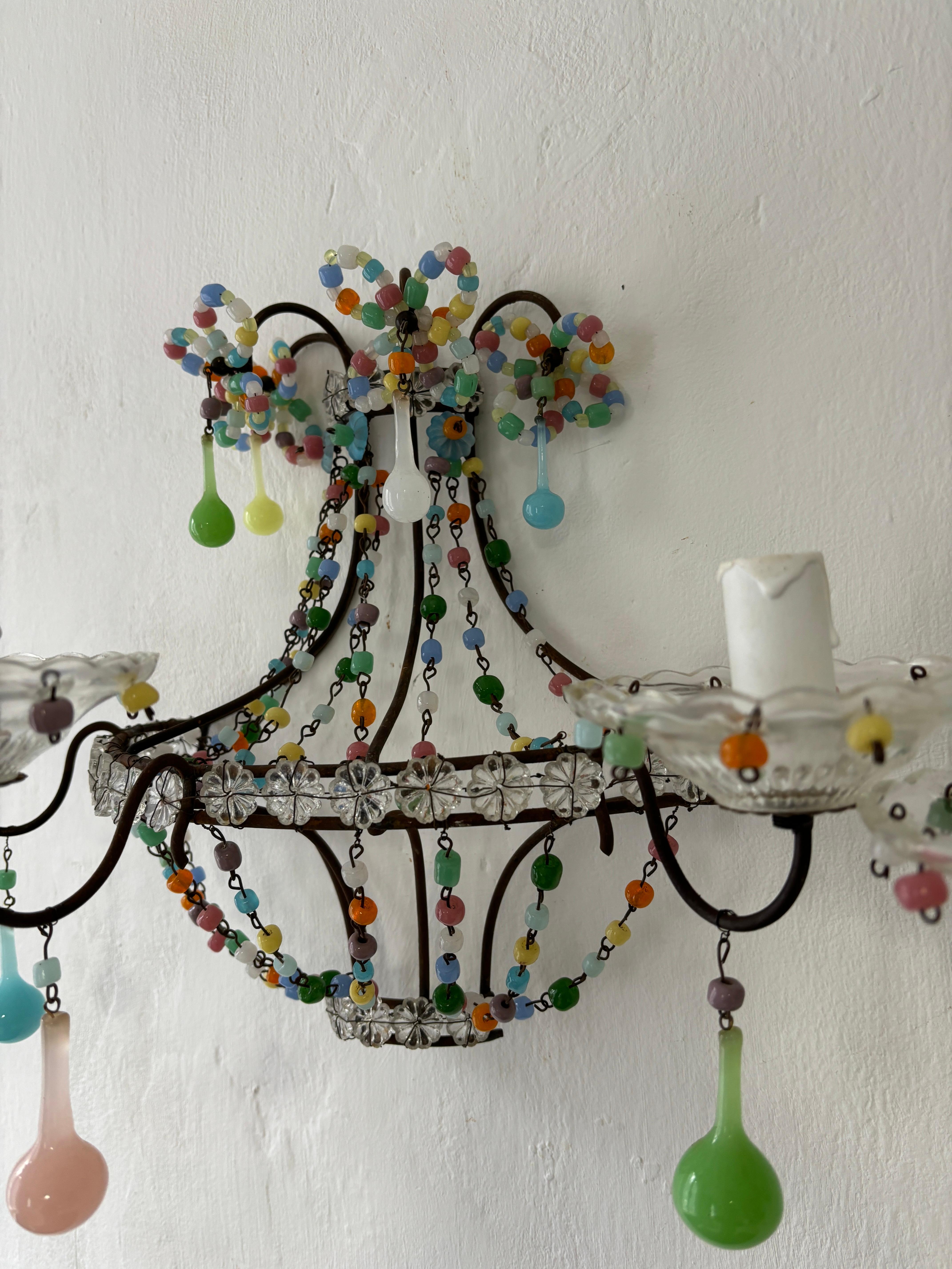 Early 20th Century French Confetti Pastel Colorful Murano Glass Opaline Sconces, circa 1920 For Sale
