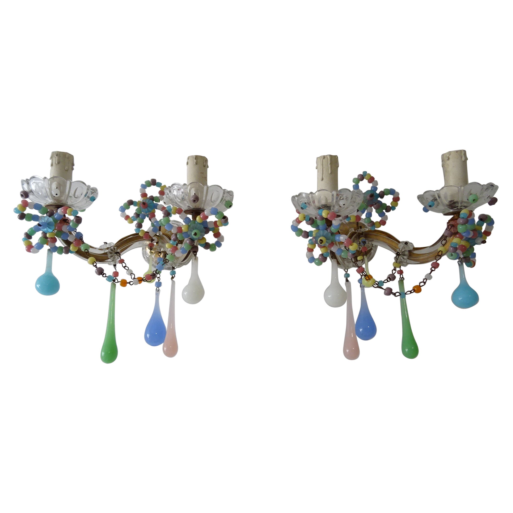 French Confetti Pastel Colorful Murano Glass Opaline Sconces, circa 1920