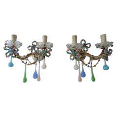 French Confetti Pastel Colorful Murano Glass Opaline Sconces, circa 1920