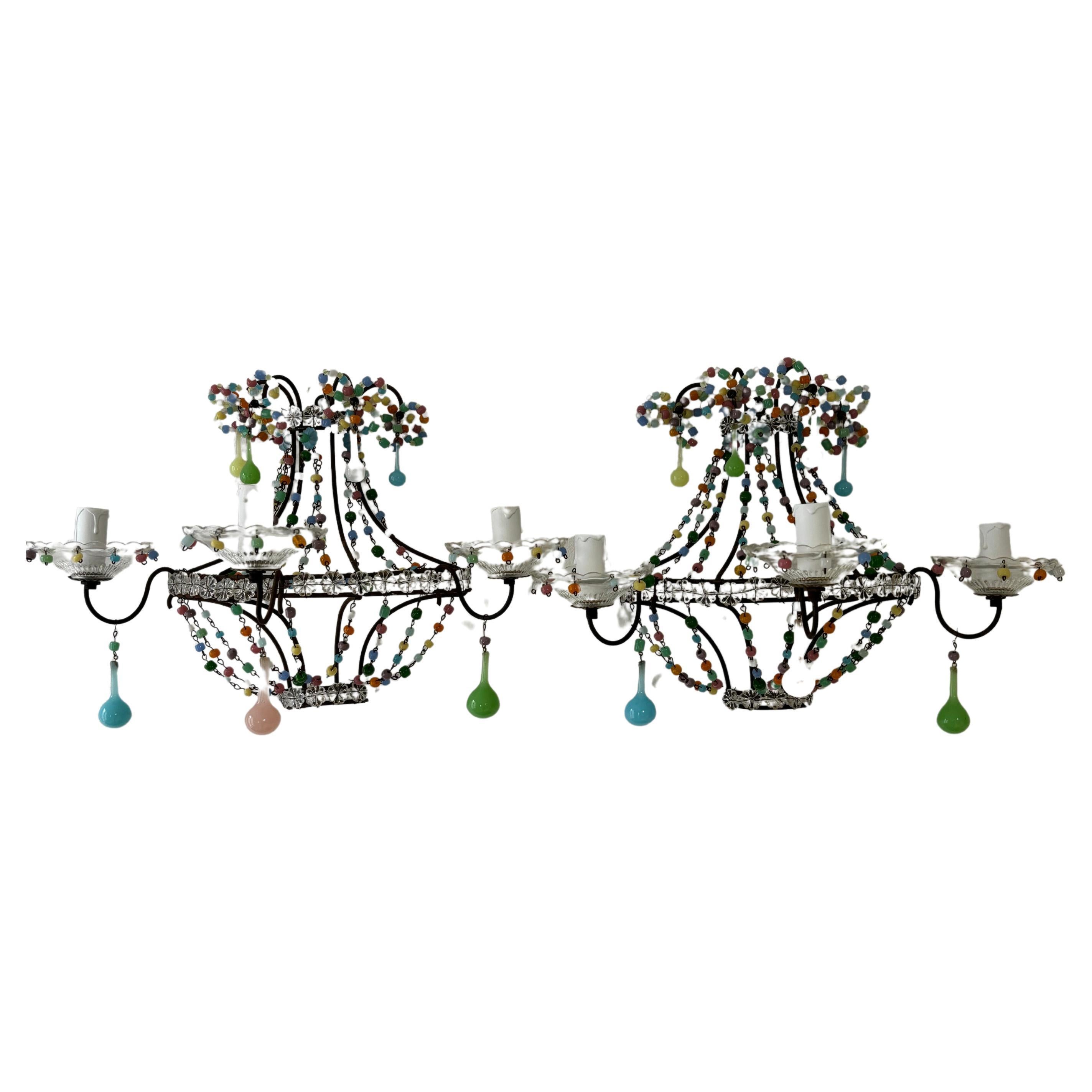 French Confetti Pastel Colorful Murano Glass Opaline Sconces, circa 1920 For Sale