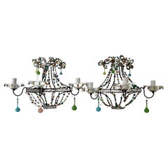 French Confetti Pastel Colorful Murano Glass Opaline Sconces, circa 1920