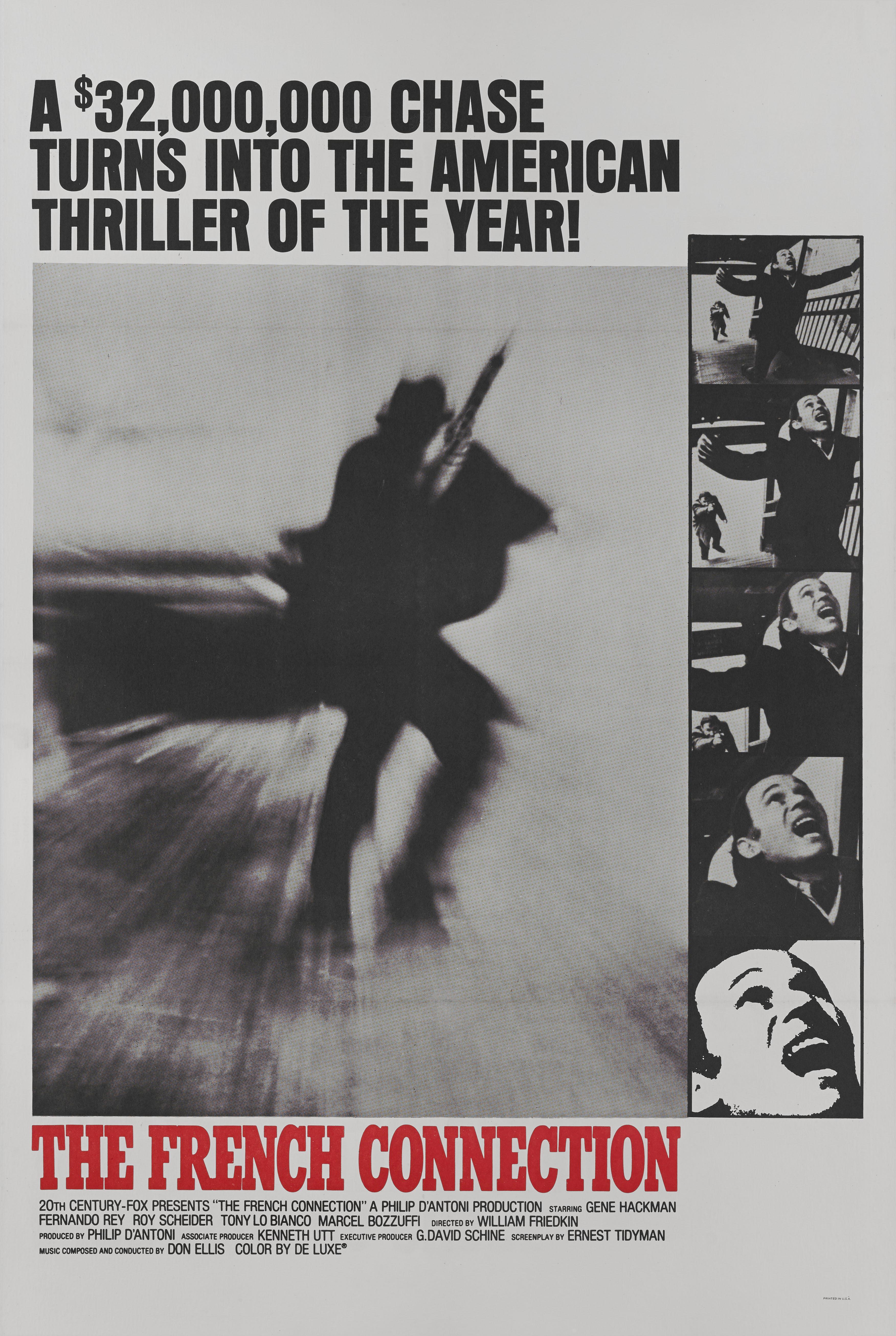 Original US-Filmplakat für William Friedkins knallharten Thriller von 1971 mit Gene Hackman und Roy Scheider in den Hauptrollen. Dieses Plakat im Stil B ist nicht das Hauptplakat, das in ganz Amerika verwendet wurde, sondern war ein alternativer